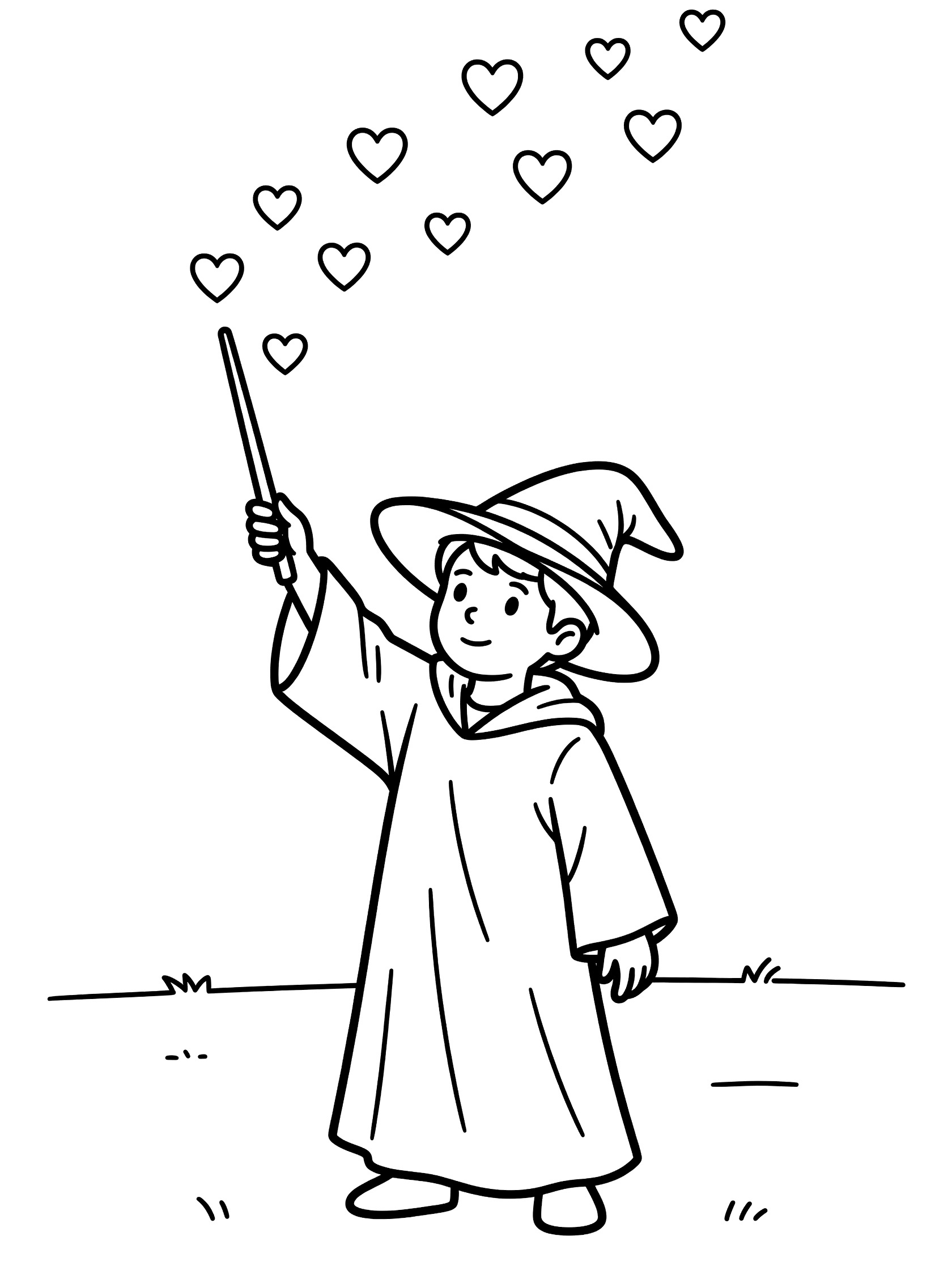 Black and white line art coloring page showing a young boy wizard in robe and floppy hat holding a wand that makes tiny hearts float in the air, with simple grass below.
