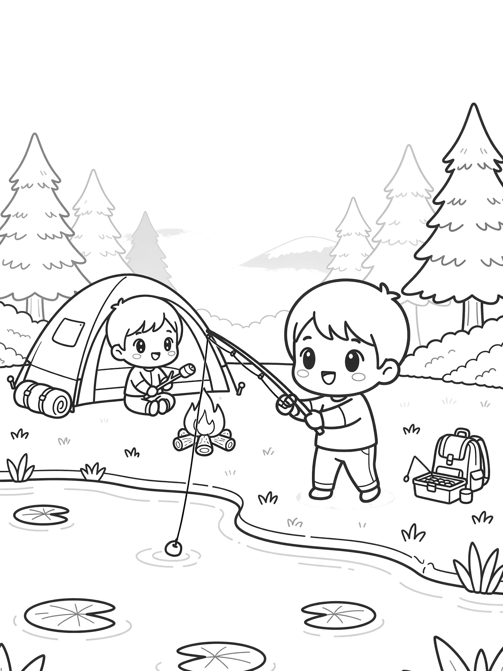 Coloring page showing two boys camping and fishing by a lake with tent, campfire, trees, backpack, and fishing rod. Fishing Lakes themed black and white printable line art