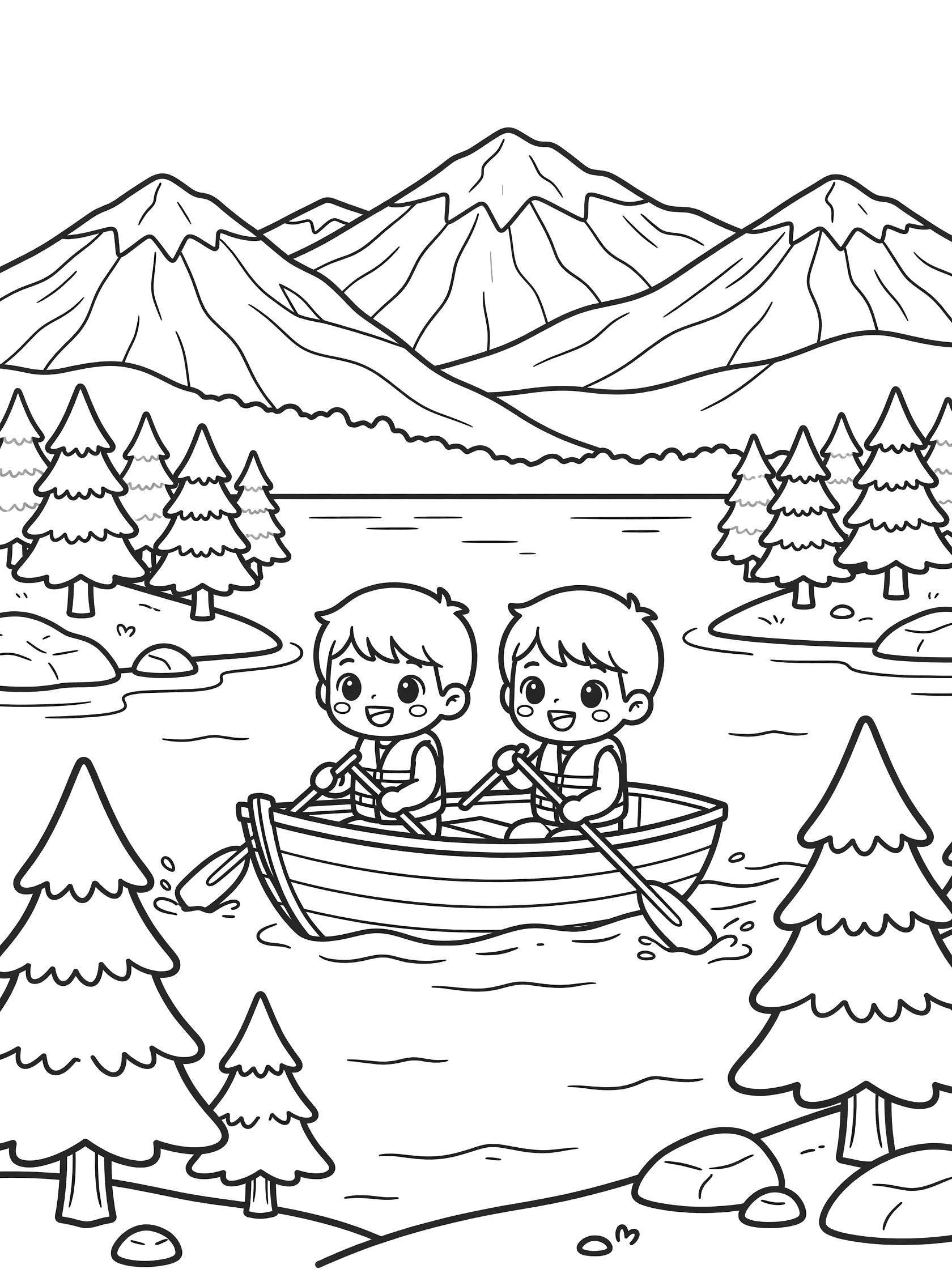 Black and white coloring page showing two cartoon boys smiling in a rowboat on a lake, surrounded by pine trees, rocky islands, and tall mountains. Lake Tahoe themed black and white printable line art