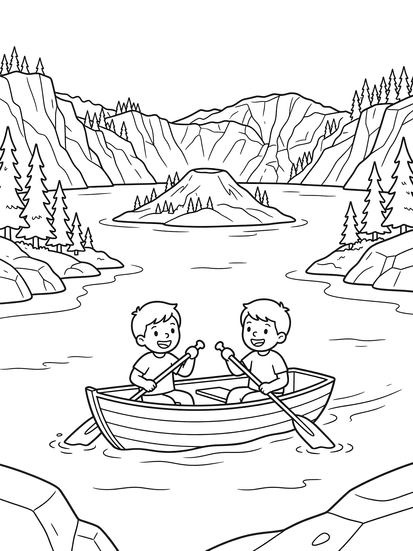Black and white coloring page showing two smiling boys paddling a rowboat in the center of a large lake with steep rocky mountains, pine trees, and a small volcano island in the middle. Crater Lake themed black and white printable line art