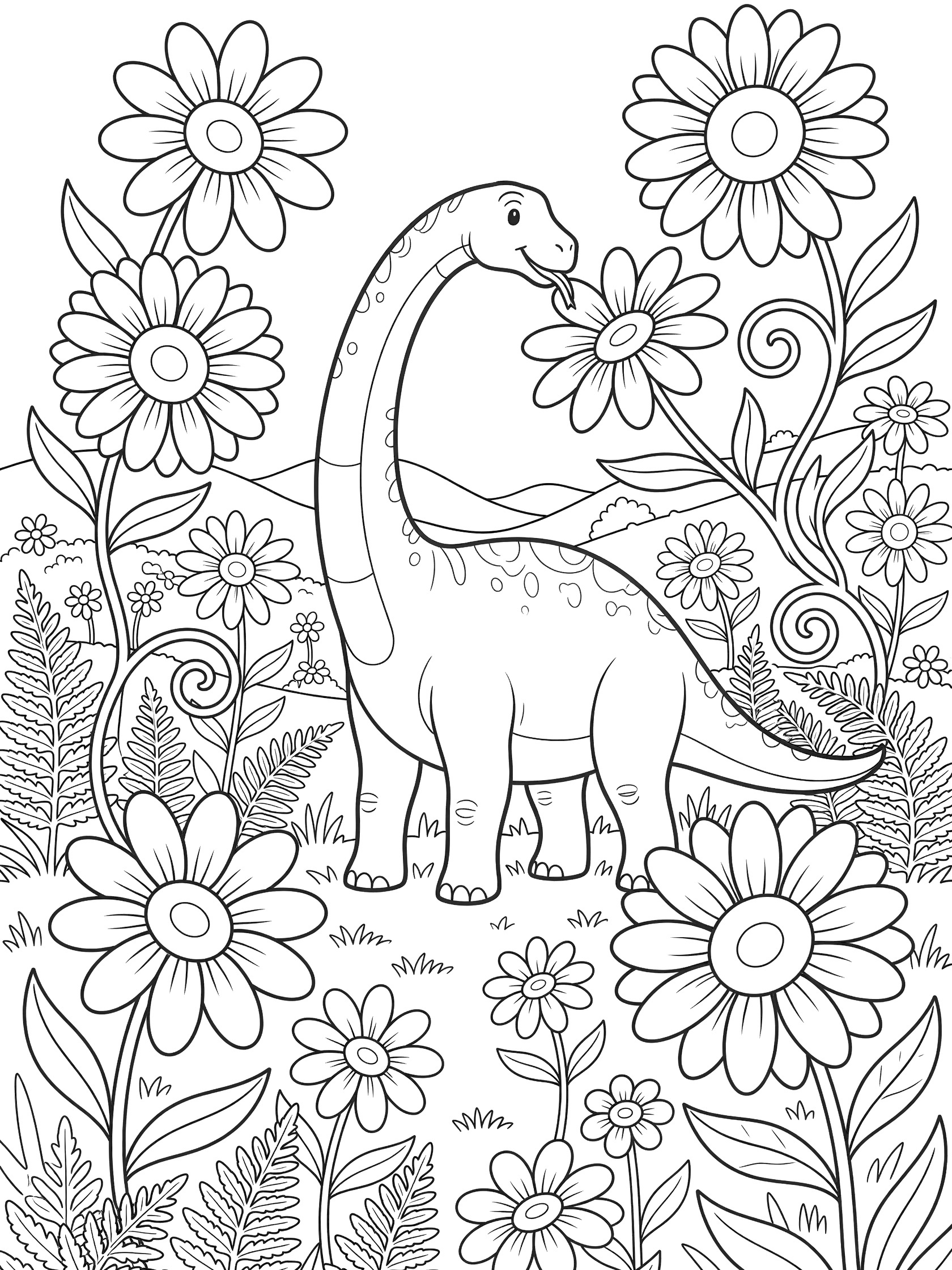 Line art coloring page showing a tall Brachiosaurus with a long neck nibbling a flower, surrounded by oversized daisies, sunflowers, swirling vines, ferns, and background hills.