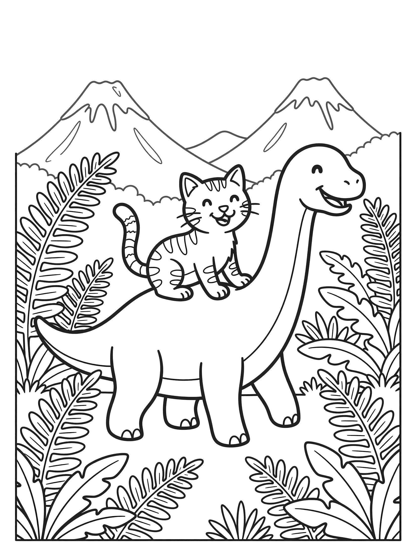 Black and white line art coloring page showing a brachiosaurus dinosaur with a tabby kitten riding on its back, surrounded by ferns and distant volcanoes, both smiling. Tabby Cats themed black and white printable line art