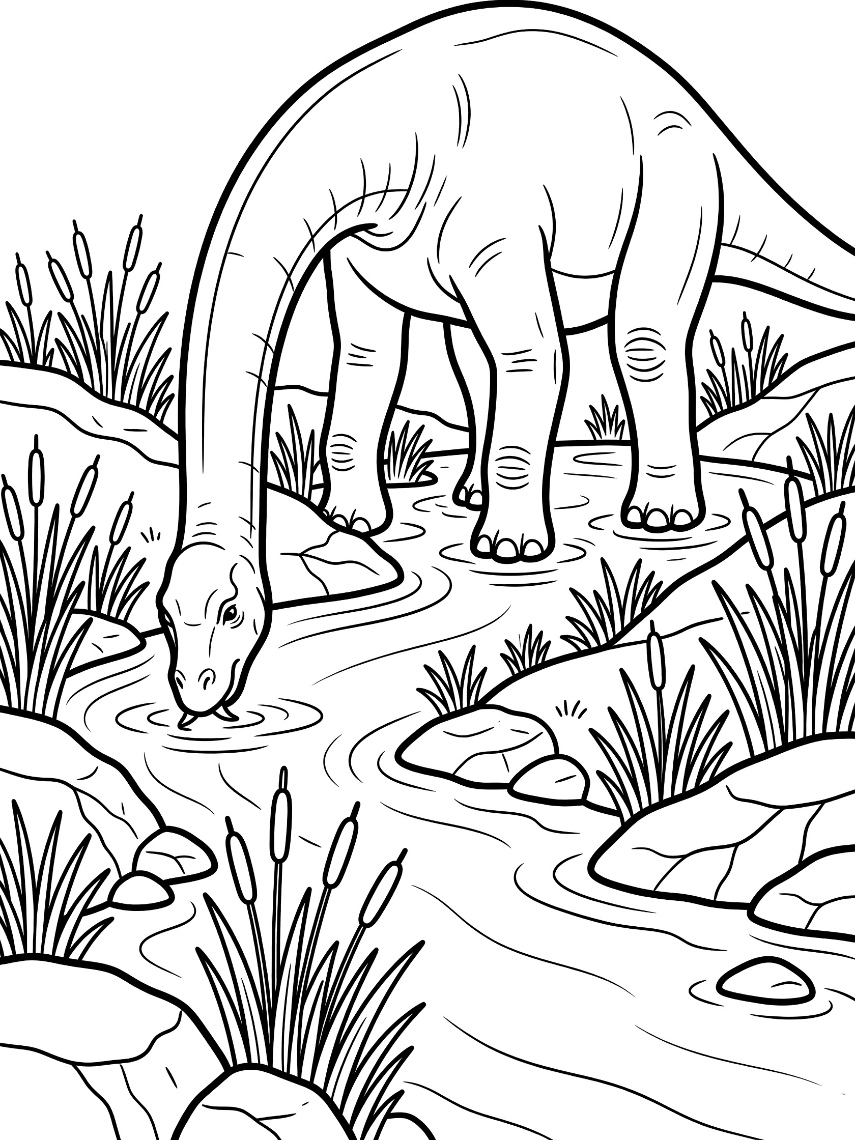 Black and white line art of a Brachiosaurus dinosaur drinking from a winding stream surrounded by rocks and tall reeds.