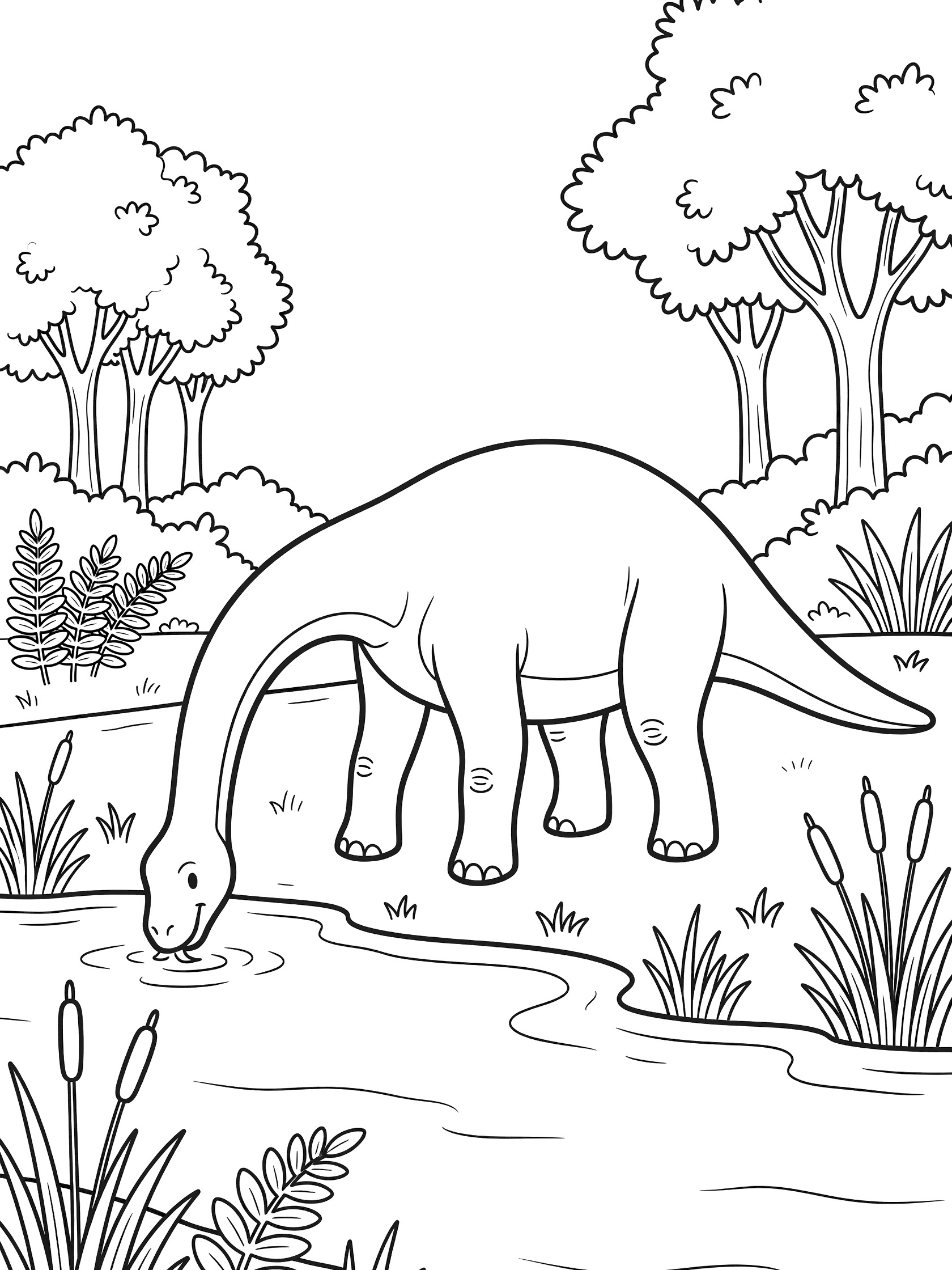 Black and white coloring page showing a Brachiosaurus with long neck bent down drinking from a river, surrounded by reeds, ferns and trees.