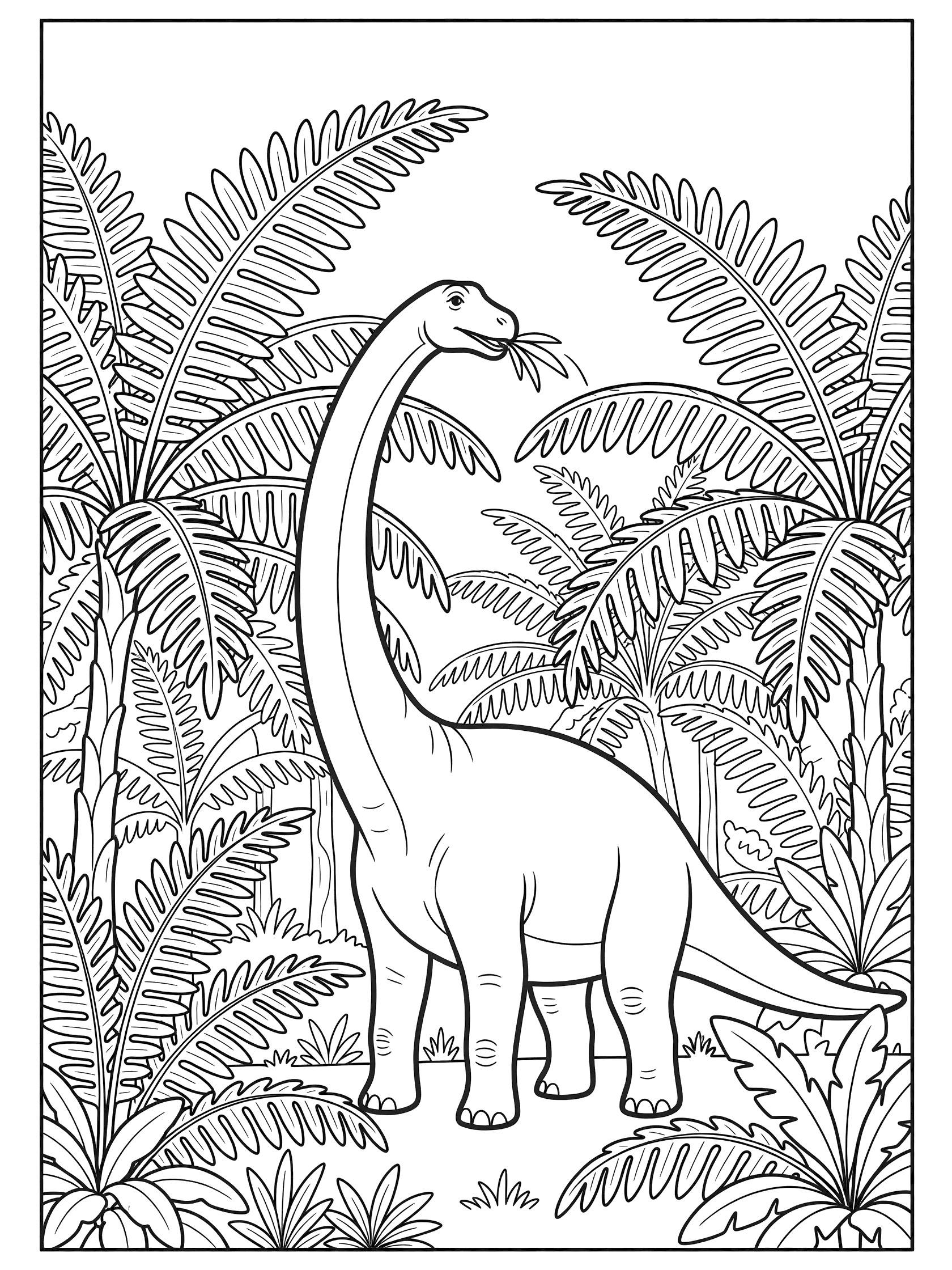 Black and white line art coloring page showing a tall Brachiosaurus dinosaur with long neck eating ferns surrounded by large fronds and jungle plants.