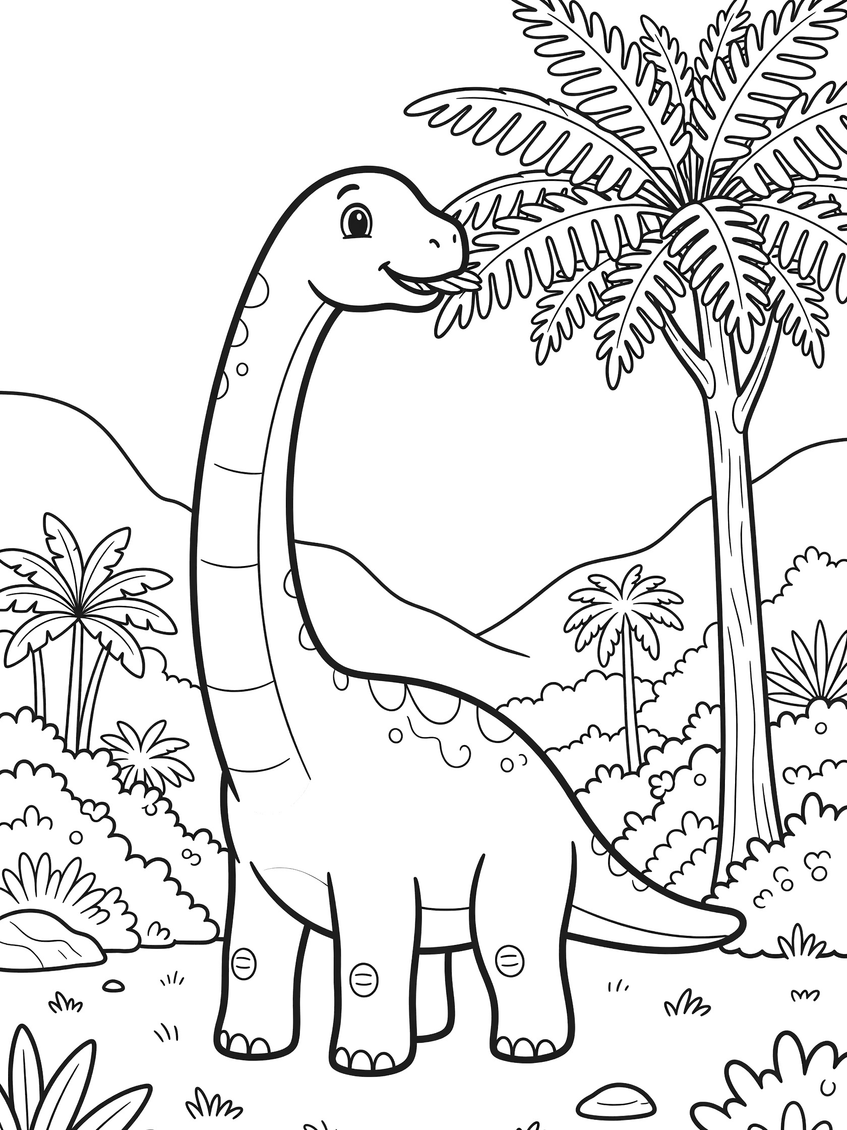 Cute cartoon Brachiosaurus with big eyes and long neck eating leaves from a tall tree in a lush valley, dinosaur coloring page line art