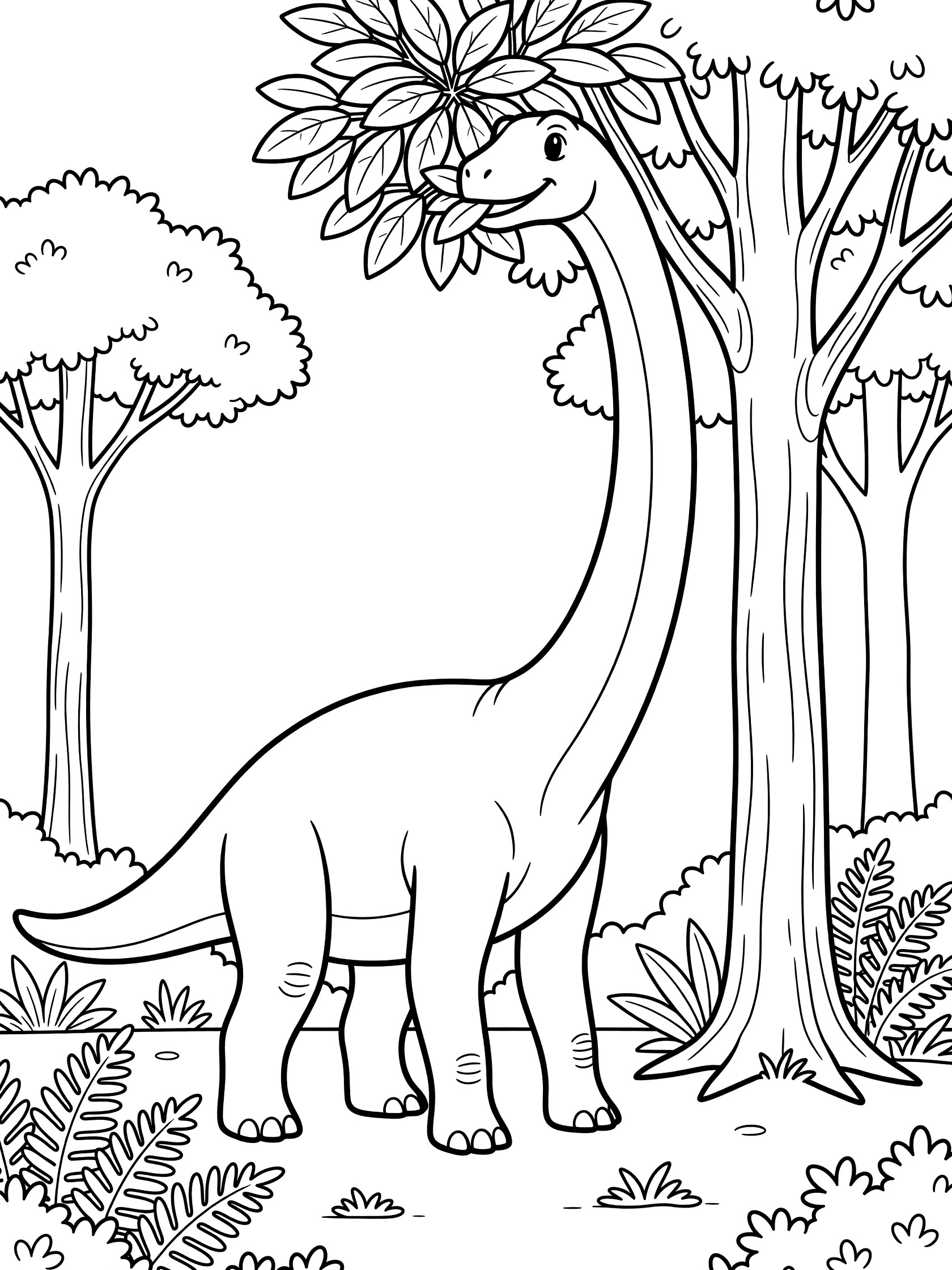 Cute Brachiosaurus dinosaur with long neck eating leaves from a tall tree, surrounded by ferns, bushes, and other trees in a simple line art coloring page. Sauroposeidon themed black and white printable line art