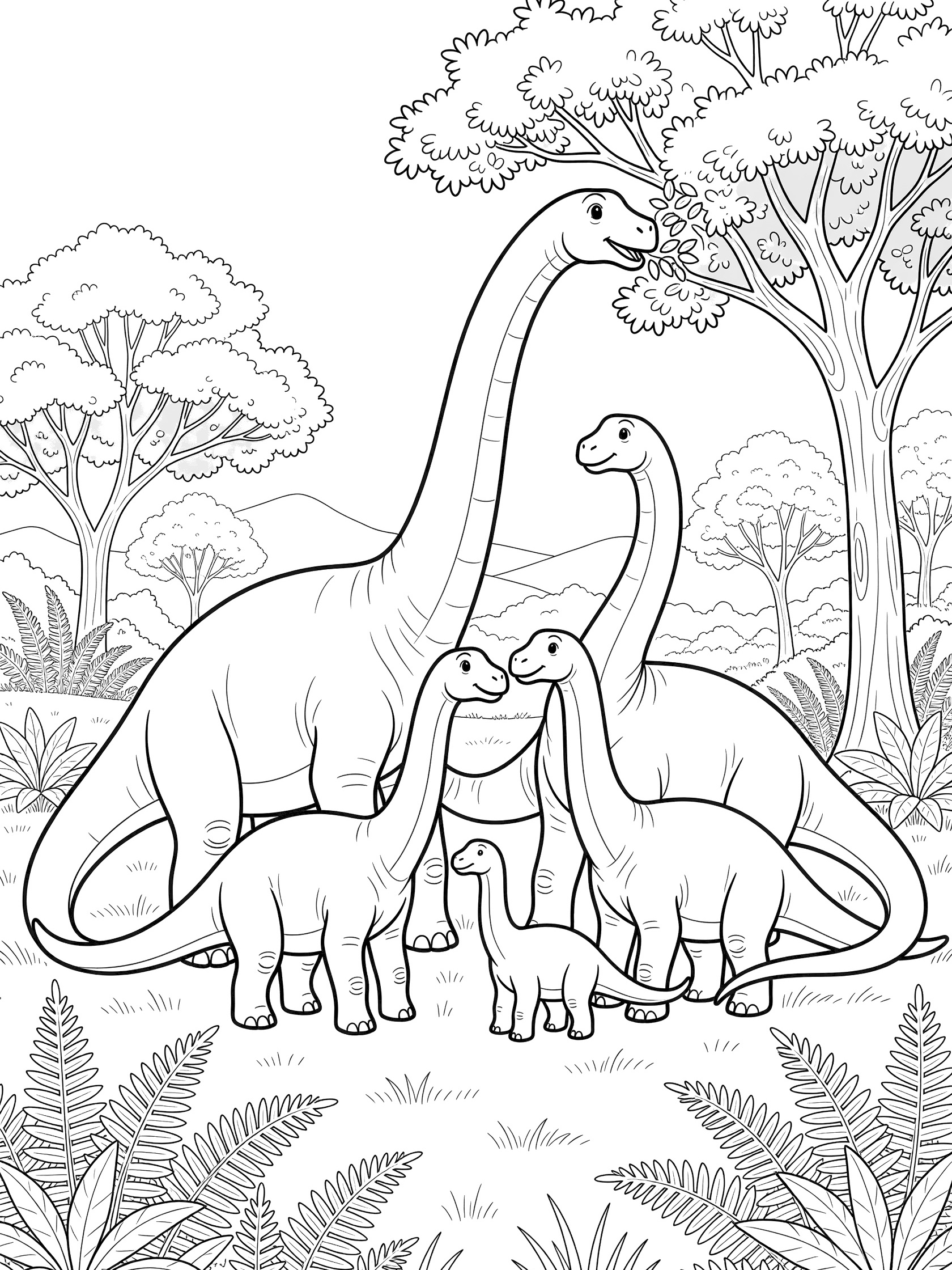 Black-and-white coloring page of a Brachiosaurus family group with tall parent reaching high leaves, two playful juveniles, and baby dinosaur amid ferns and trees.
