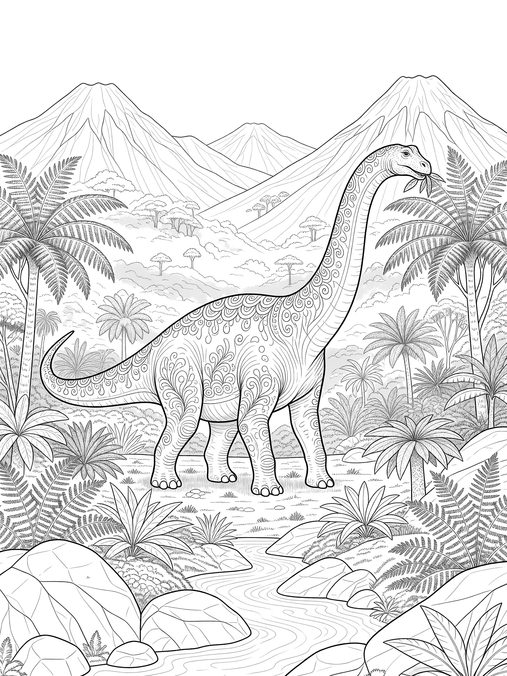 Black and white coloring page of a Brachiosaurus dinosaur in a prehistoric valley with intricate fern patterns, rocks, stream, mountains, and volcano.