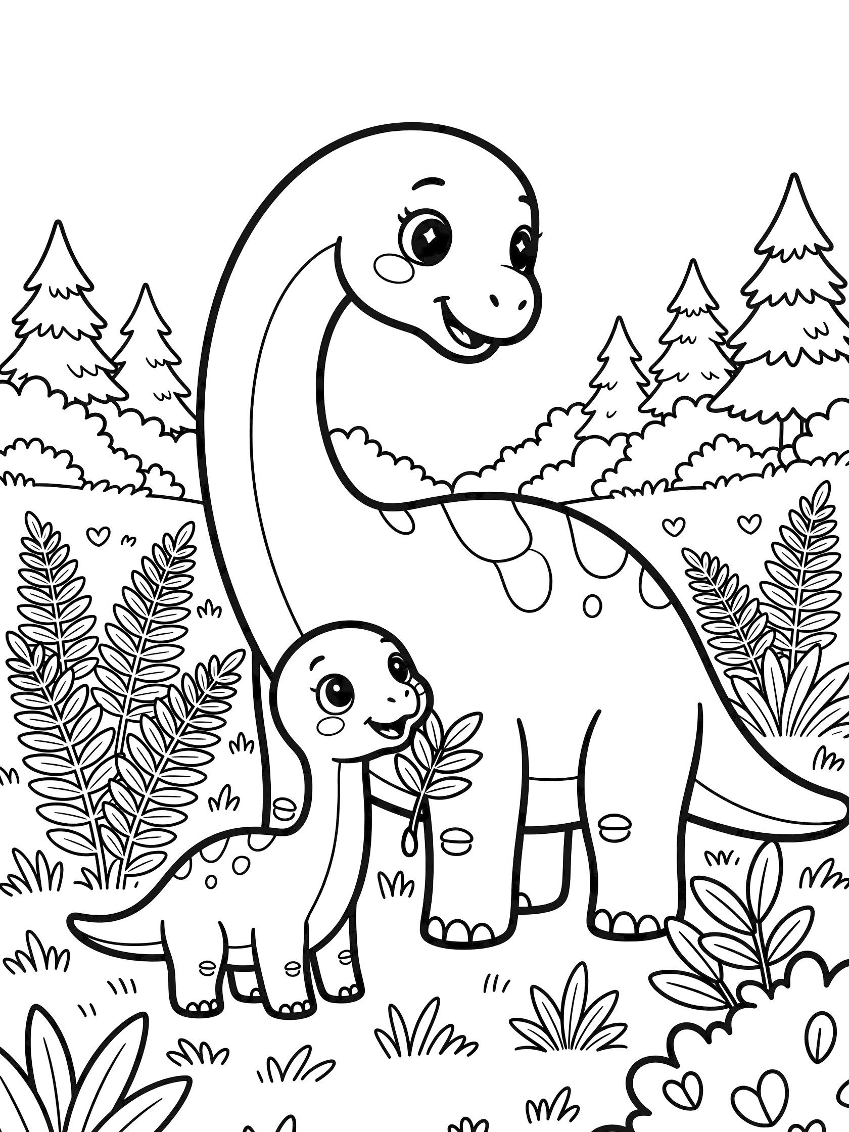 Kawaii-style line art coloring page showing a smiling Brachiosaurus mom with big eyes lowering her long neck to her tiny baby Brachiosaurus amid ferns, bushes, and pine trees.