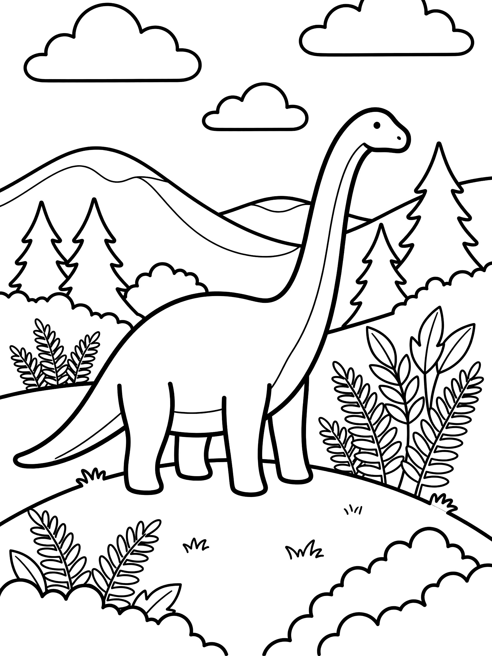 Black and white line art of a Brachiosaurus on a hilltop, with ferns, trees, hills, and clouds for kids to color