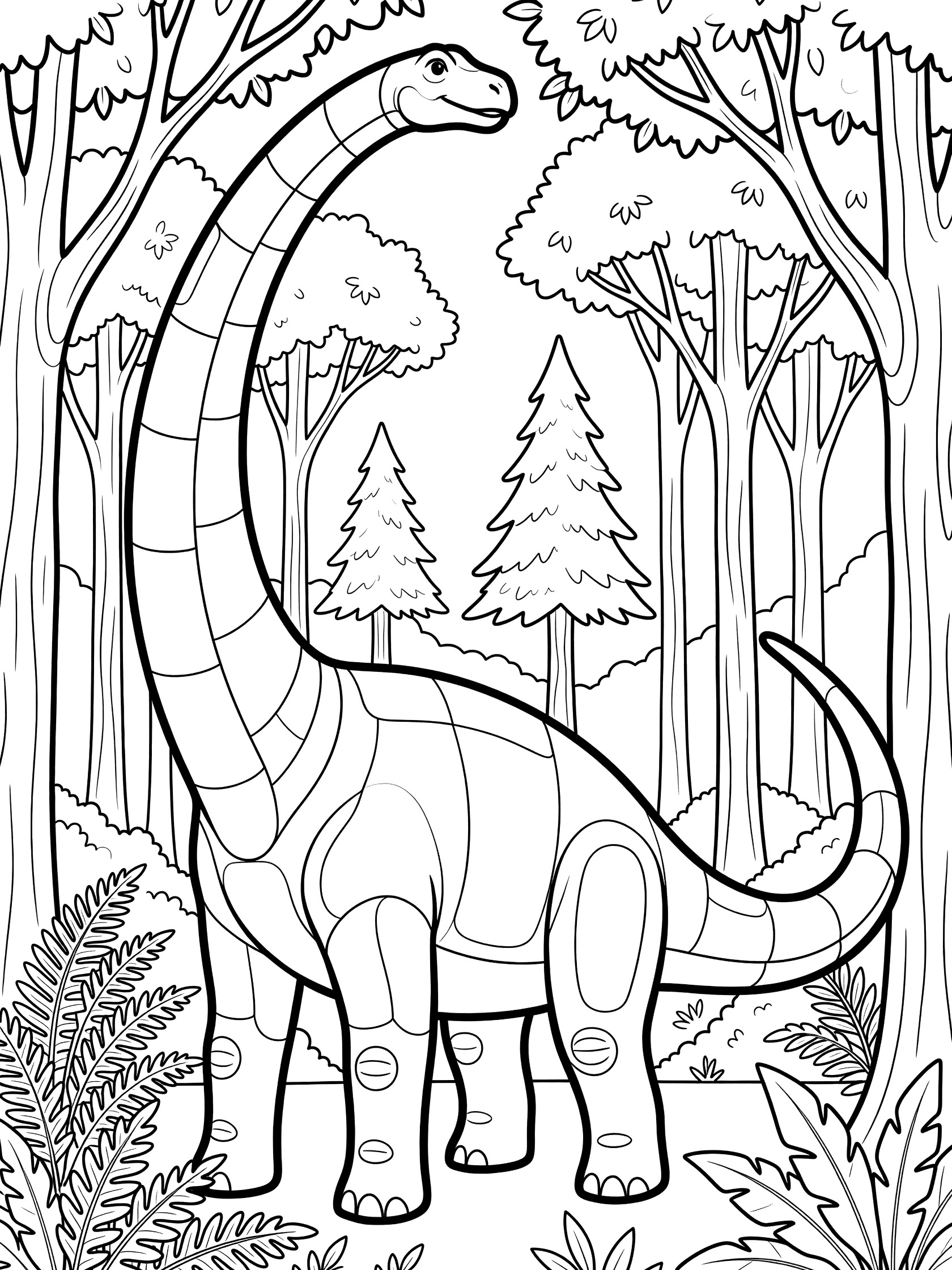 Line art coloring page showing a Brachiosaurus with long neck reaching high to munch leaves on tree branches, surrounded by ferns and forest trees.
