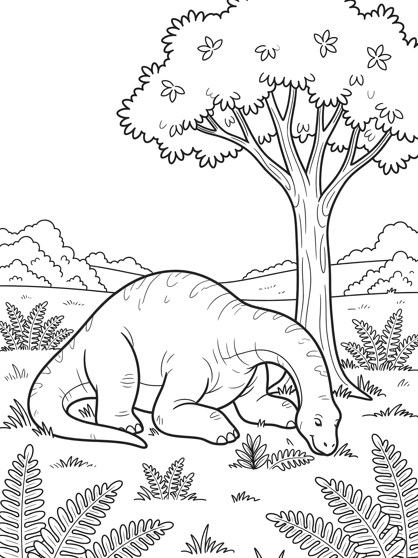 Black and white line art of a Brachiosaurus resting peacefully under a tree in a prehistoric meadow with ferns and hills, printable coloring page for kids