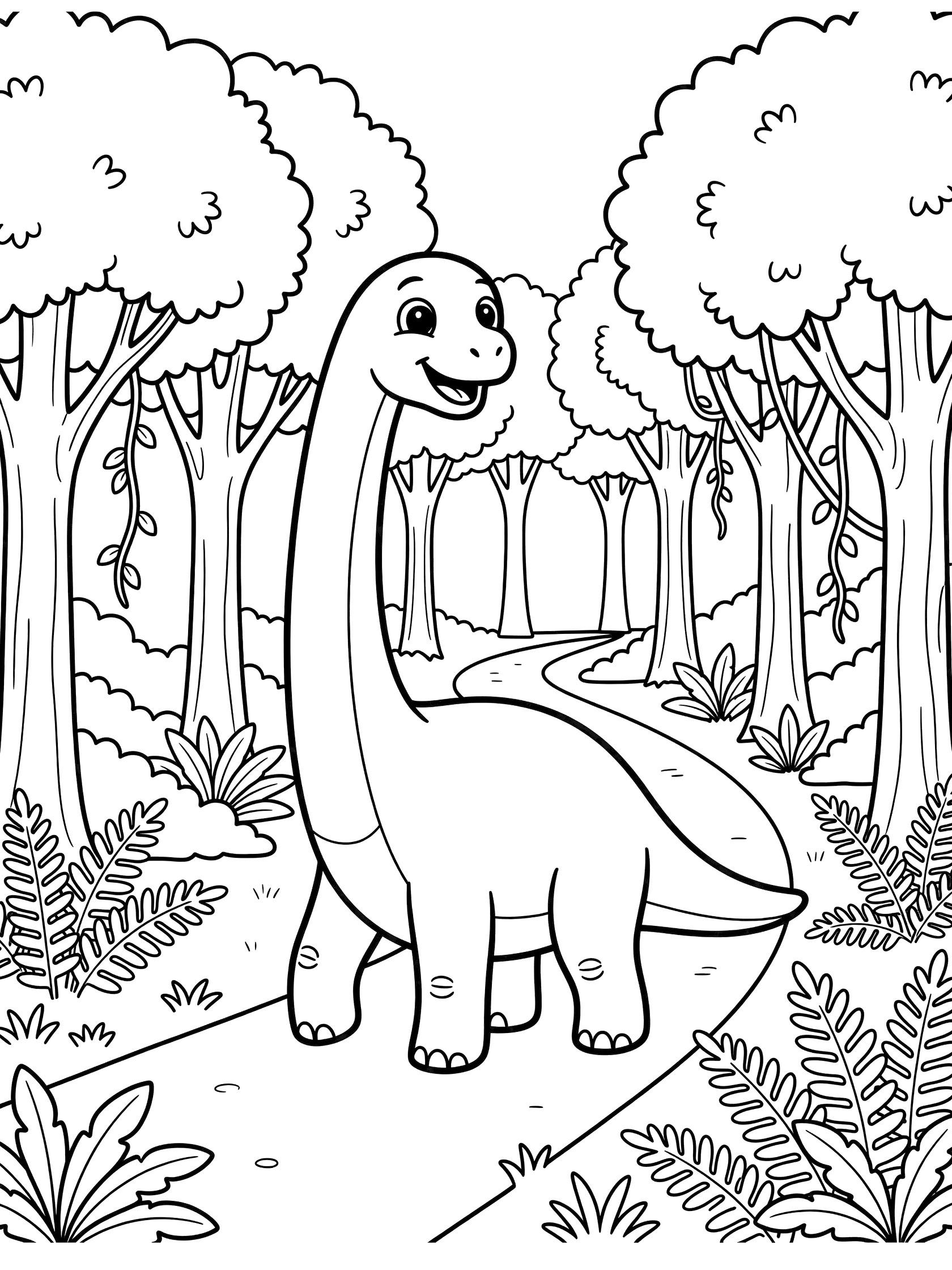 Cute cartoon Brachiosaurus with big eyes and smile walking happily through a forest path lined with trees and ferns, line art coloring page