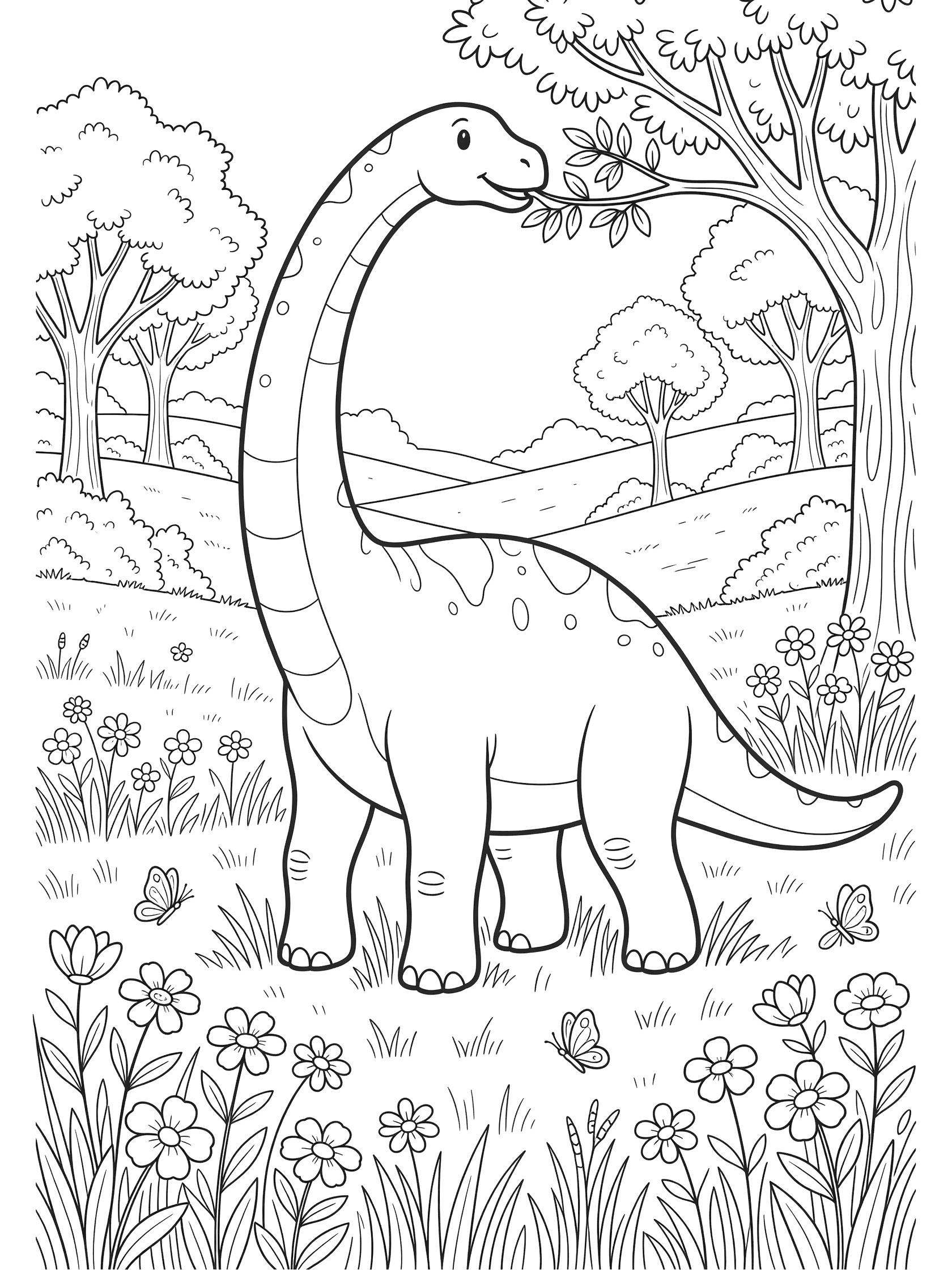 Black and white line art coloring page of a Brachiosaurus dinosaur with long neck reaching for tree leaves, walking in a meadow with tall grass, wildflowers, butterflies, trees, and hills.