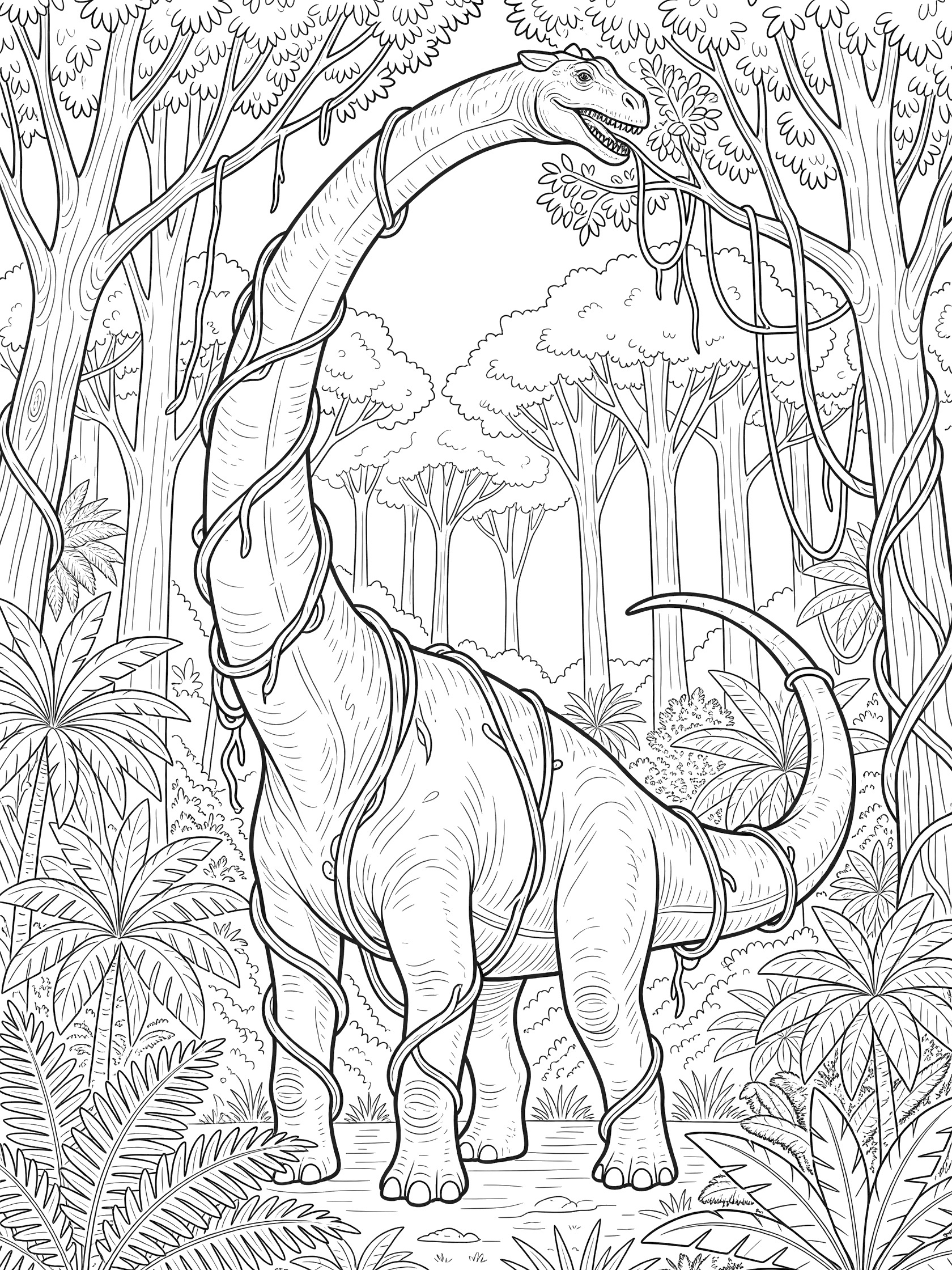 Black and white line art of a Brachiosaurus dinosaur with long neck reaching for leaves, vines wrapped around its body and legs, surrounded by jungle ferns and trees.