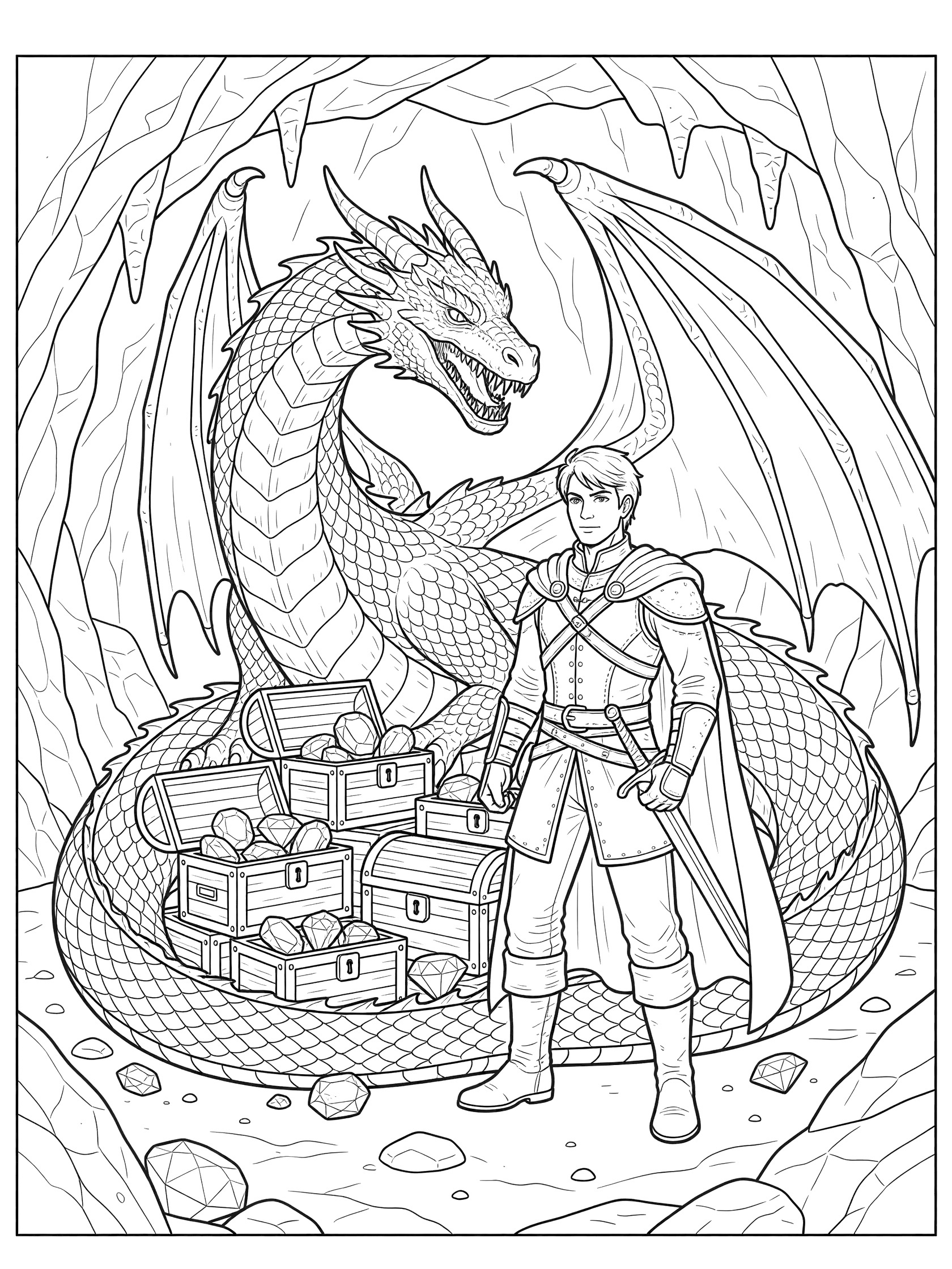 Black and white line art coloring page showing a knight in armor next to a large coiled dragon guarding open treasure chests with gems in a rocky cave. Dragon Rider themed black and white printable line art