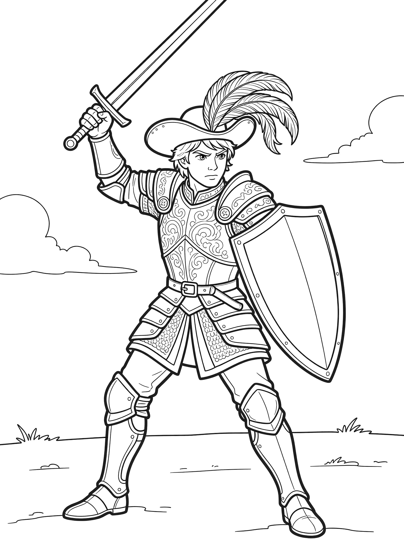 Black and white line art coloring page showing a knight in ornate armor standing ready with sword raised high in one hand and large shield in the other, wearing a hat with feathers, grass at feet and clouds above. Prince themed black and white printable line art
