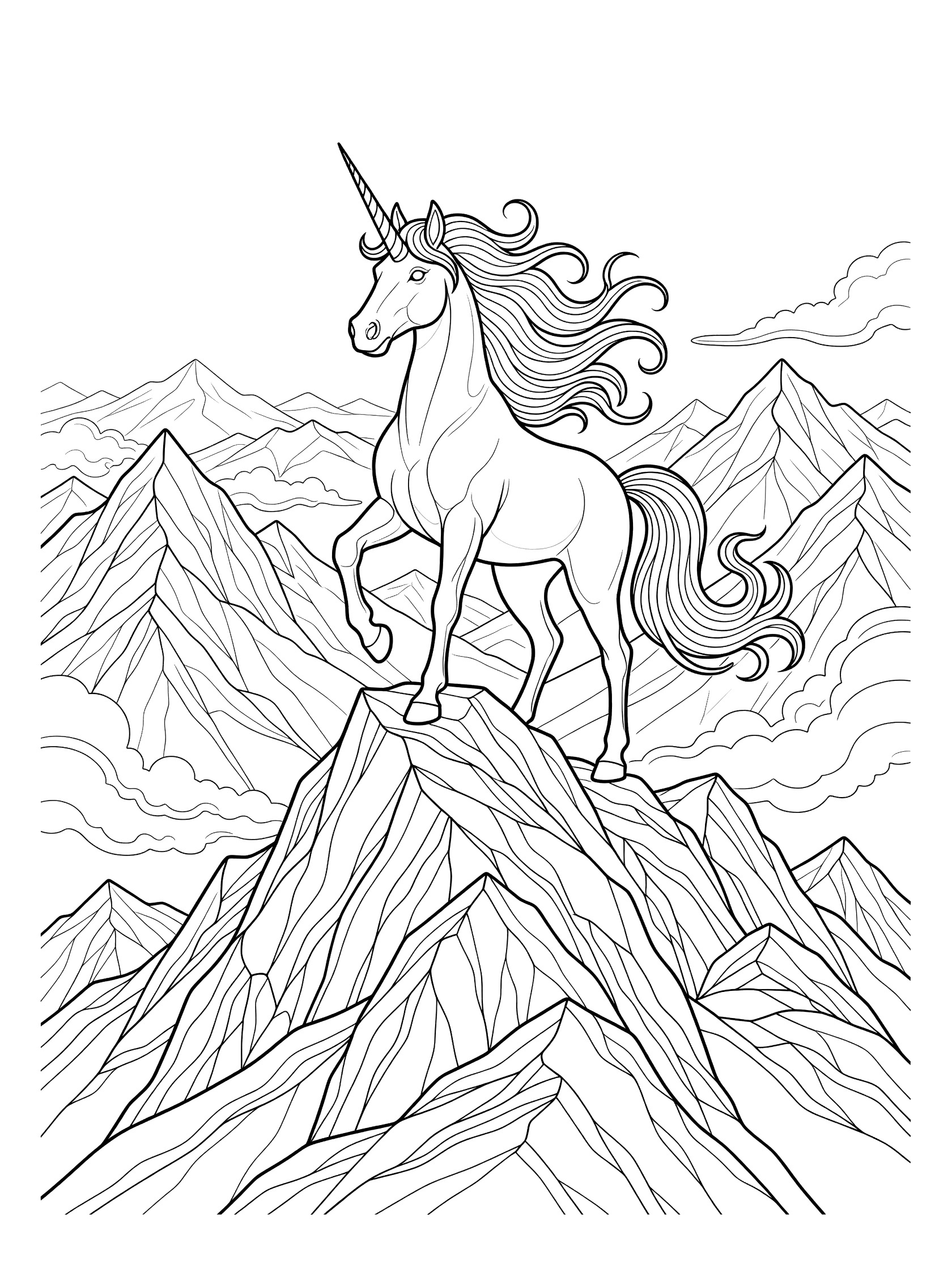 Black and white line art coloring page showing a unicorn with flowing mane on a mountain top, surrounded by rocky peaks and clouds