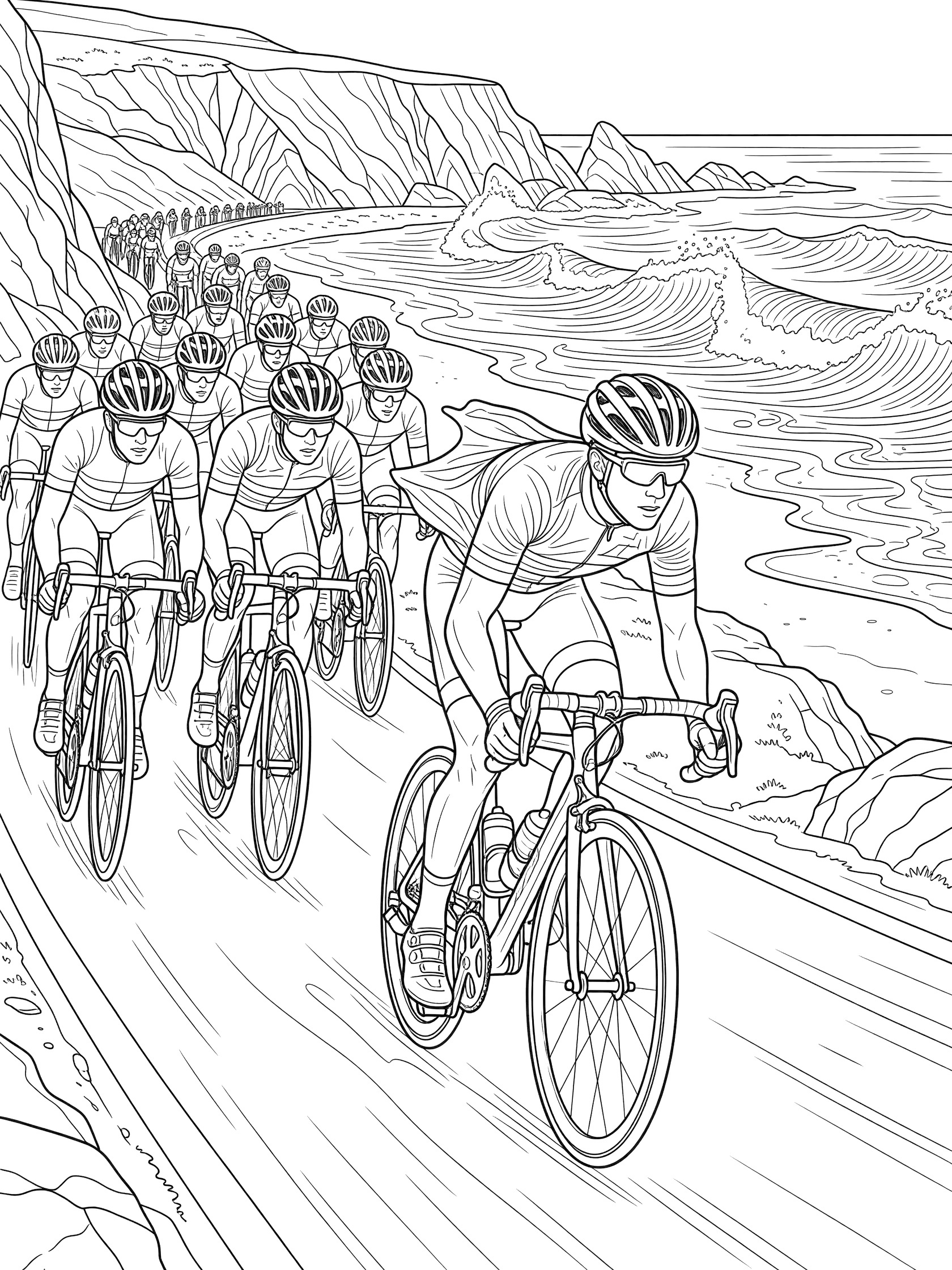Black-and-white coloring page of a breakaway cyclist in a road race leading the peloton along a coastal path with waves and cliffs