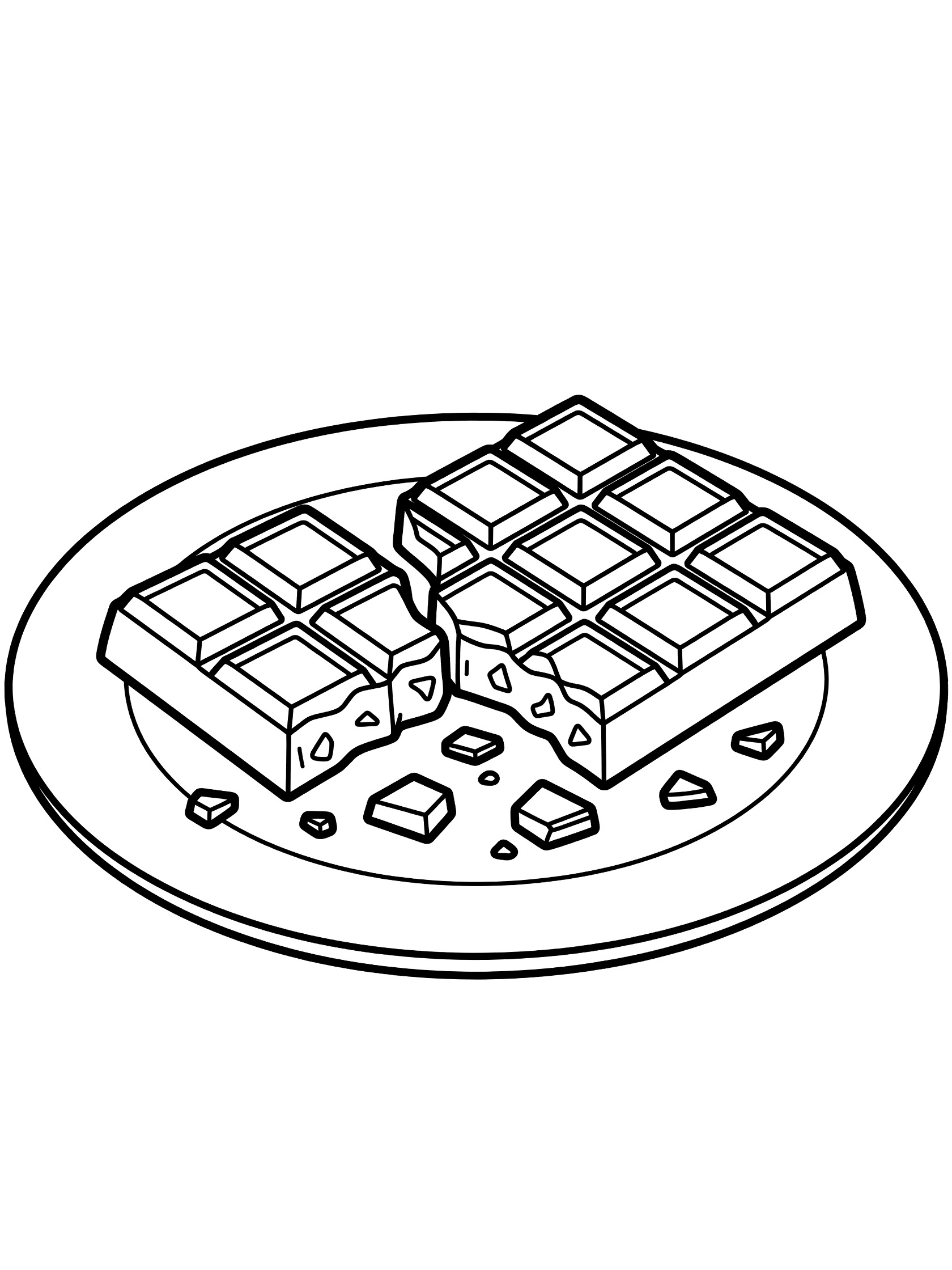 Printable coloring page showing a large chocolate bar broken into pieces with grid segments and fragments scattered on a round plate