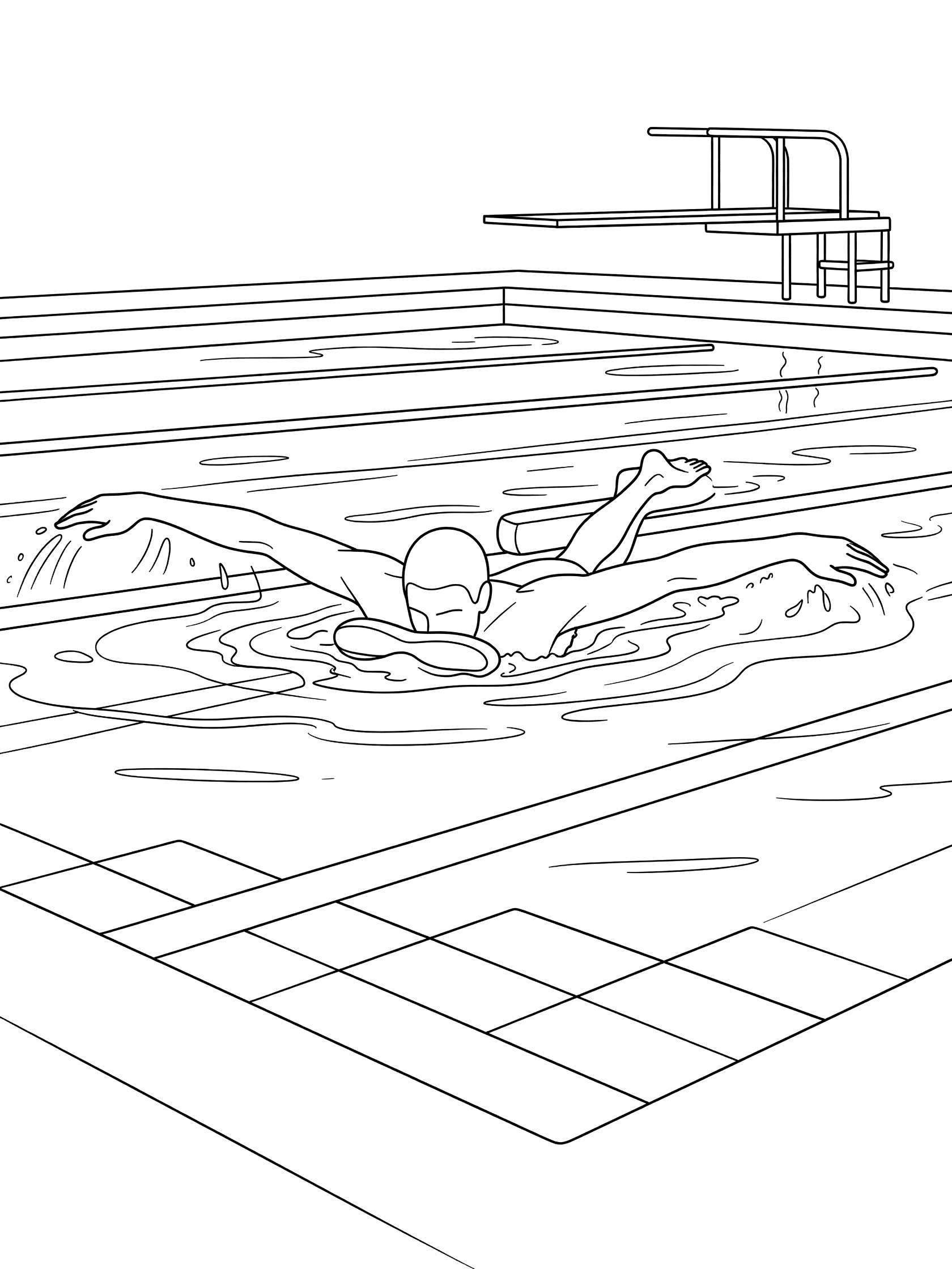 Line drawing of swimmer practicing breaststroke using pull buoy between legs, arms in wide outward sweep, in sunny pool with diving board and steps