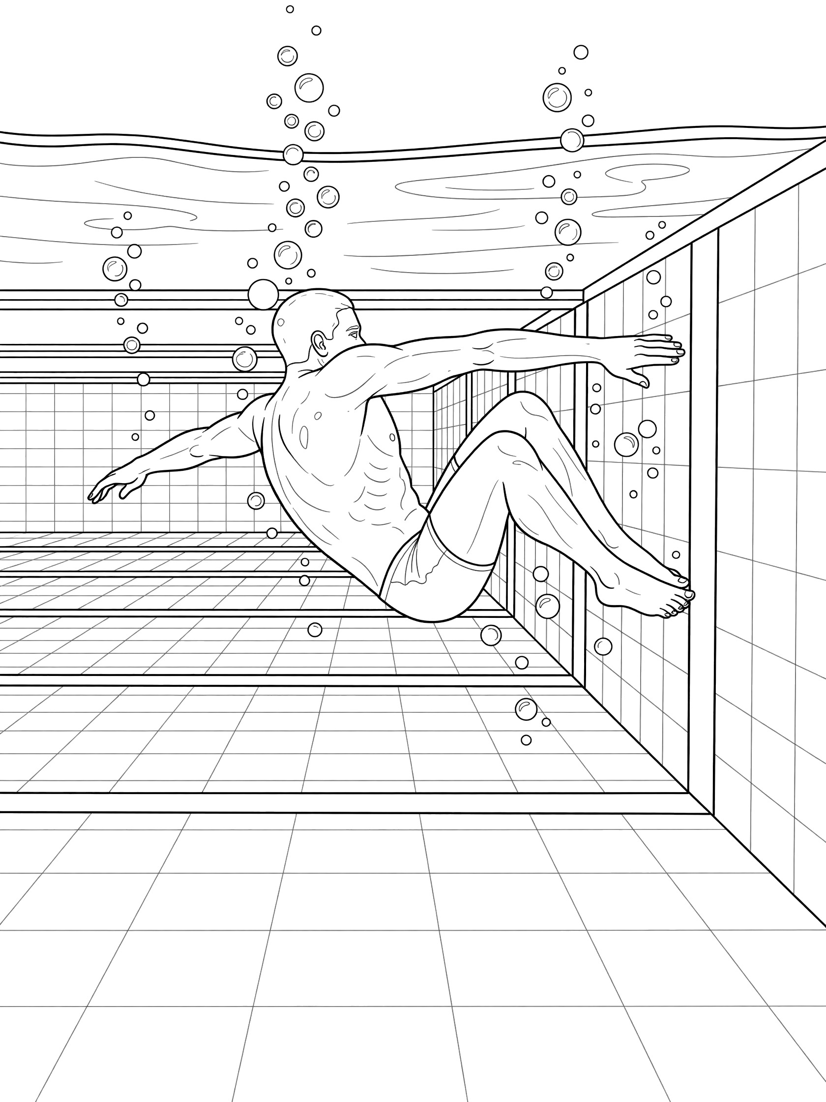 Black and white line art of swimmer performing breaststroke turn, touching pool wall with one hand, legs pushing off, bubbles and lane lines visible underwater.