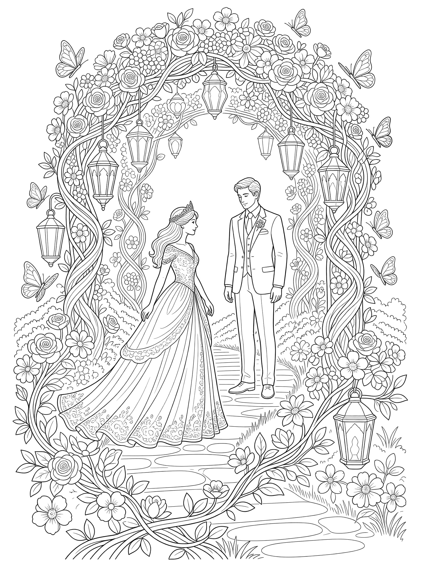 Black and white line art coloring page showing bride with long hair and gown walking toward groom under arch of vines, roses, lanterns and butterflies