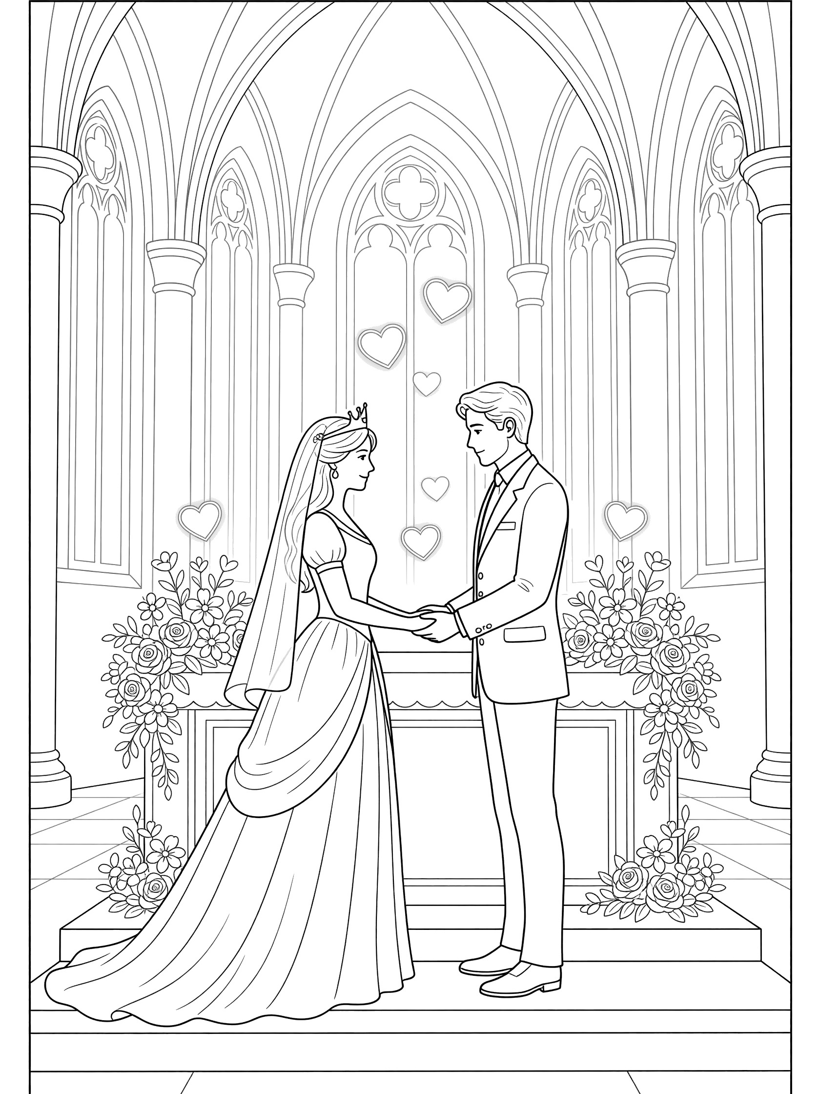 Black and white coloring page of bride in gown and groom in suit holding hands at flower altar in church with arched windows and floating hearts.
