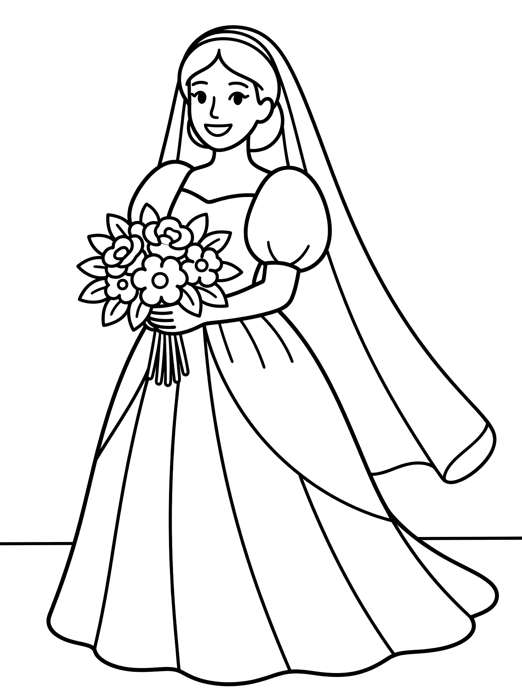 Black and white line art of a smiling bride holding a bouquet, wearing a flowing wedding dress with puffy sleeves and long veil.