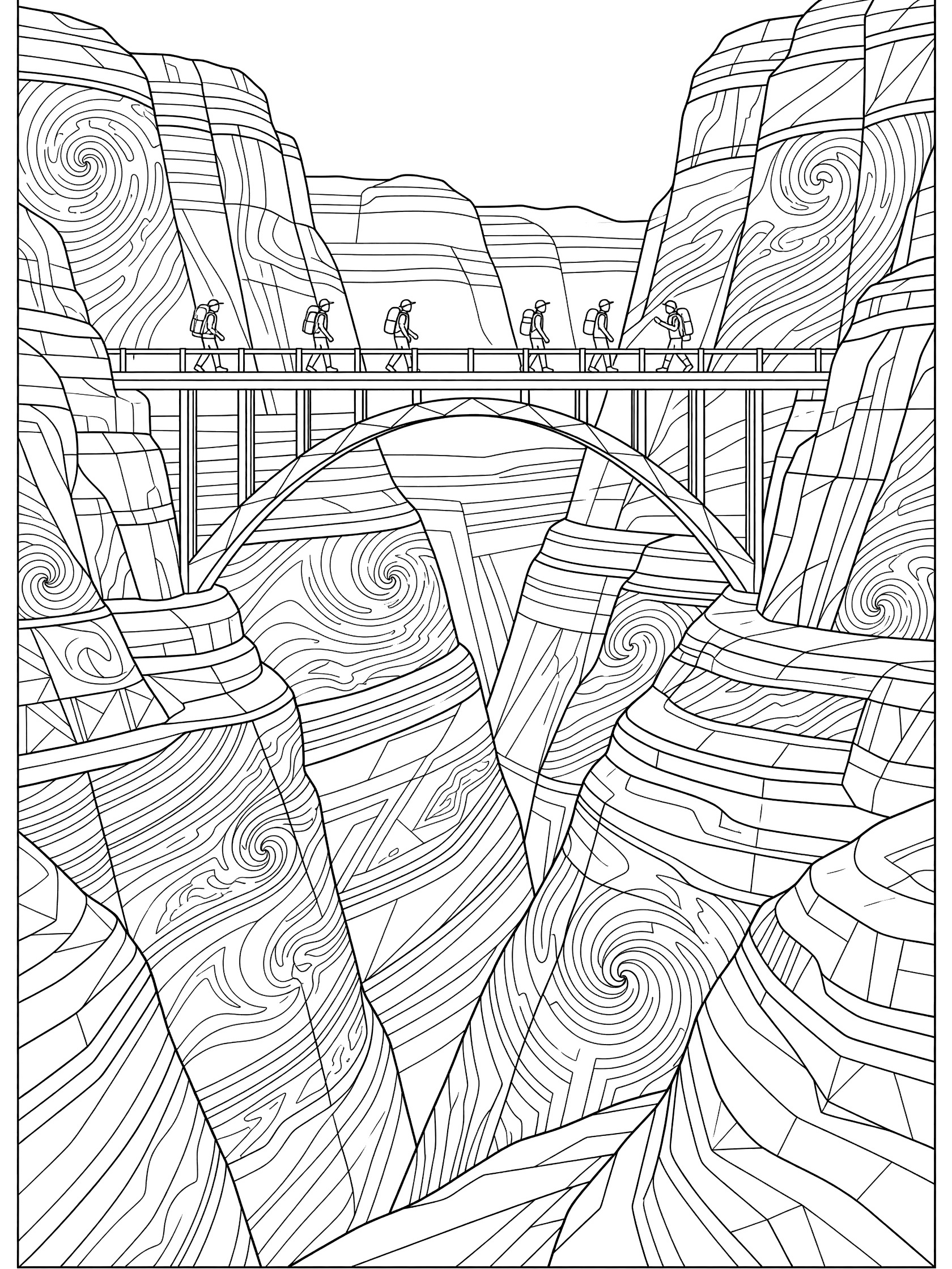 Line art coloring page of a truss bridge arching over Marble Canyon with adventurers hiking across and detailed triangular rock formations on canyon walls.