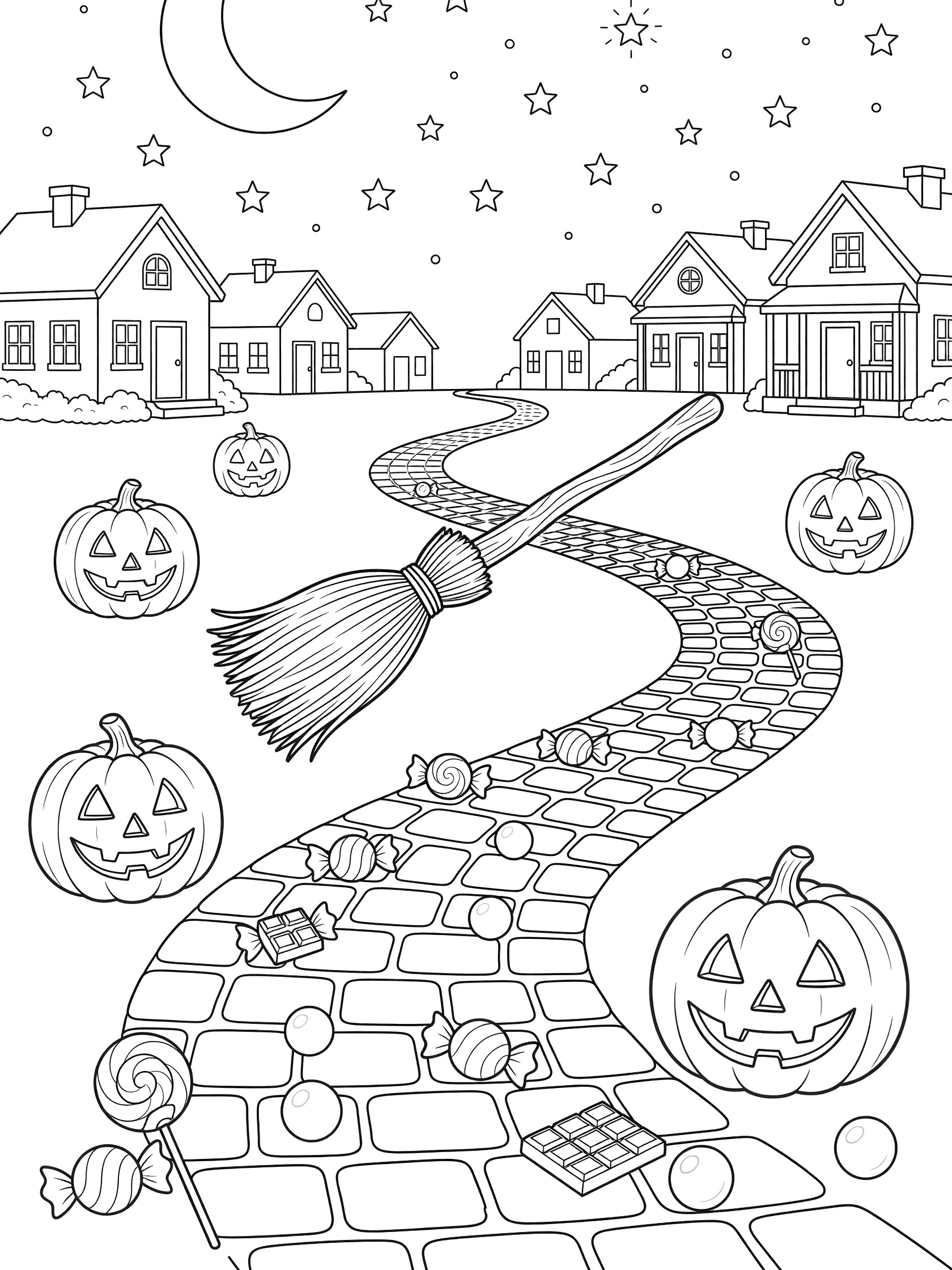 Line art coloring page showing a broomstick hovering above a trail of scattered candies and glowing jack-o-lanterns under a starry sky with houses.