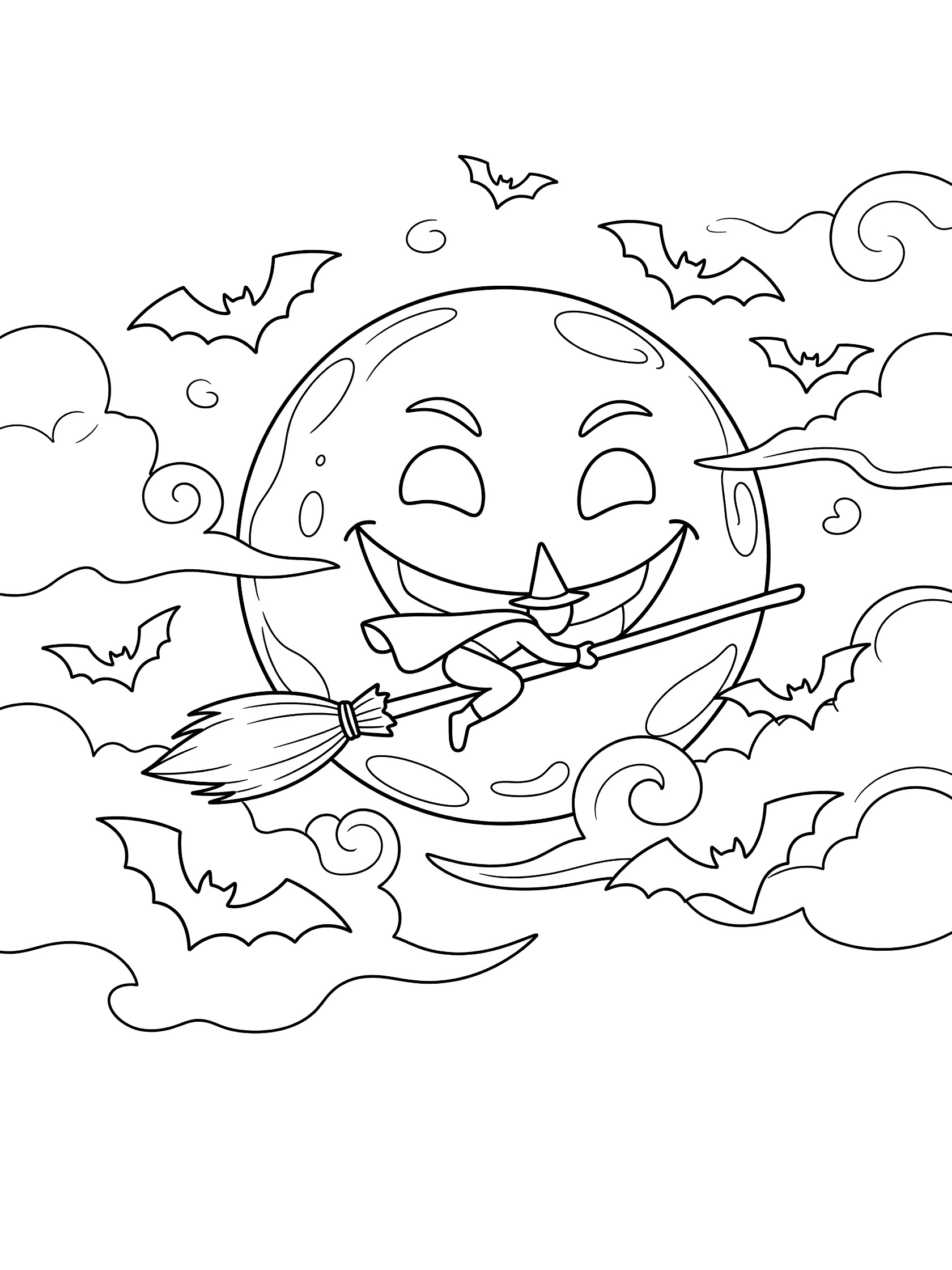 Black and white line art coloring page showing a broomstick leaning forward racing past a large smiling full moon, bats flying nearby, and swirly clouds in the dark sky.