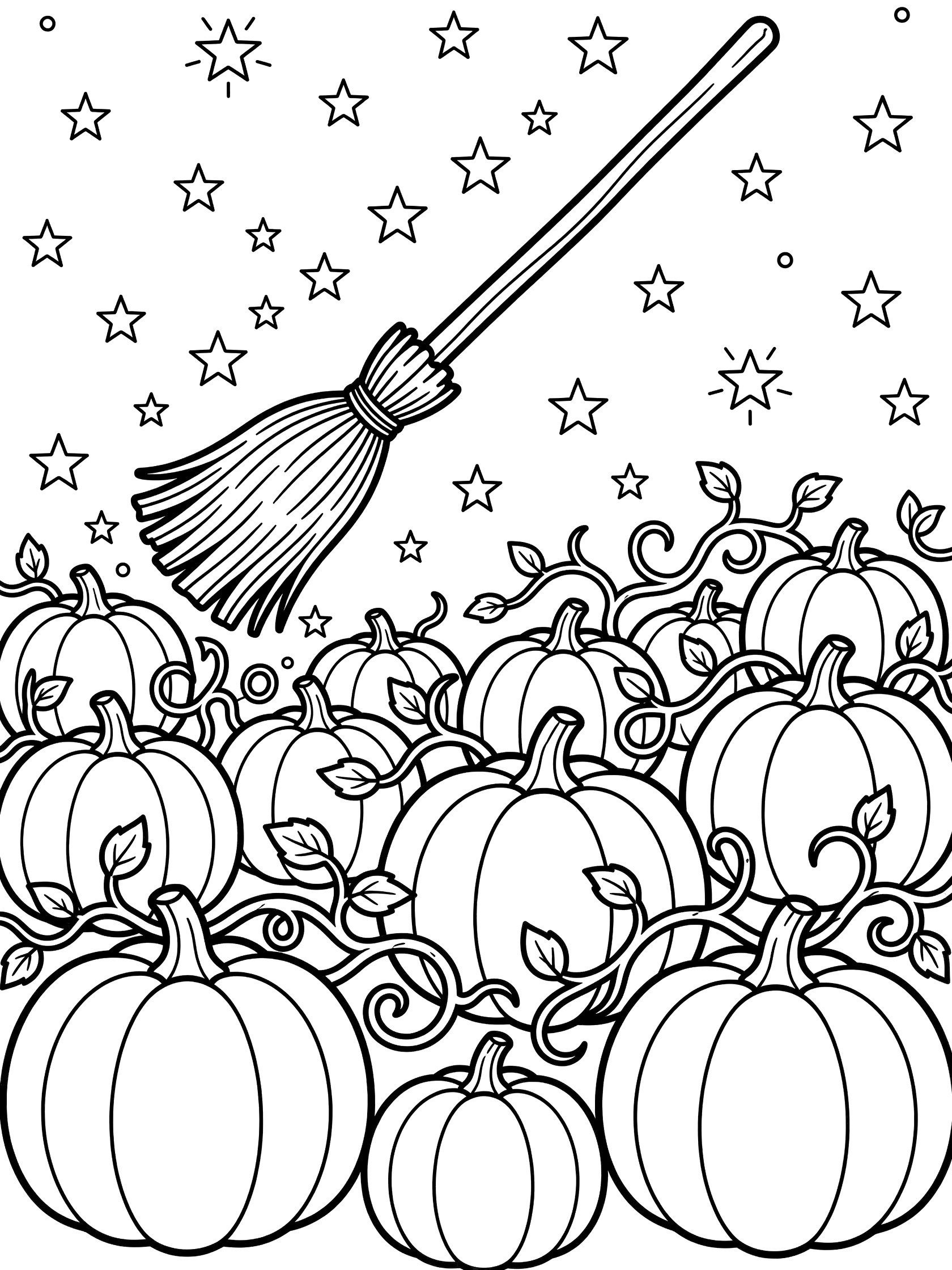 Black and white line art coloring page showing a broomstick soaring over a Halloween pumpkin patch with pumpkins, vines, and starry sky.