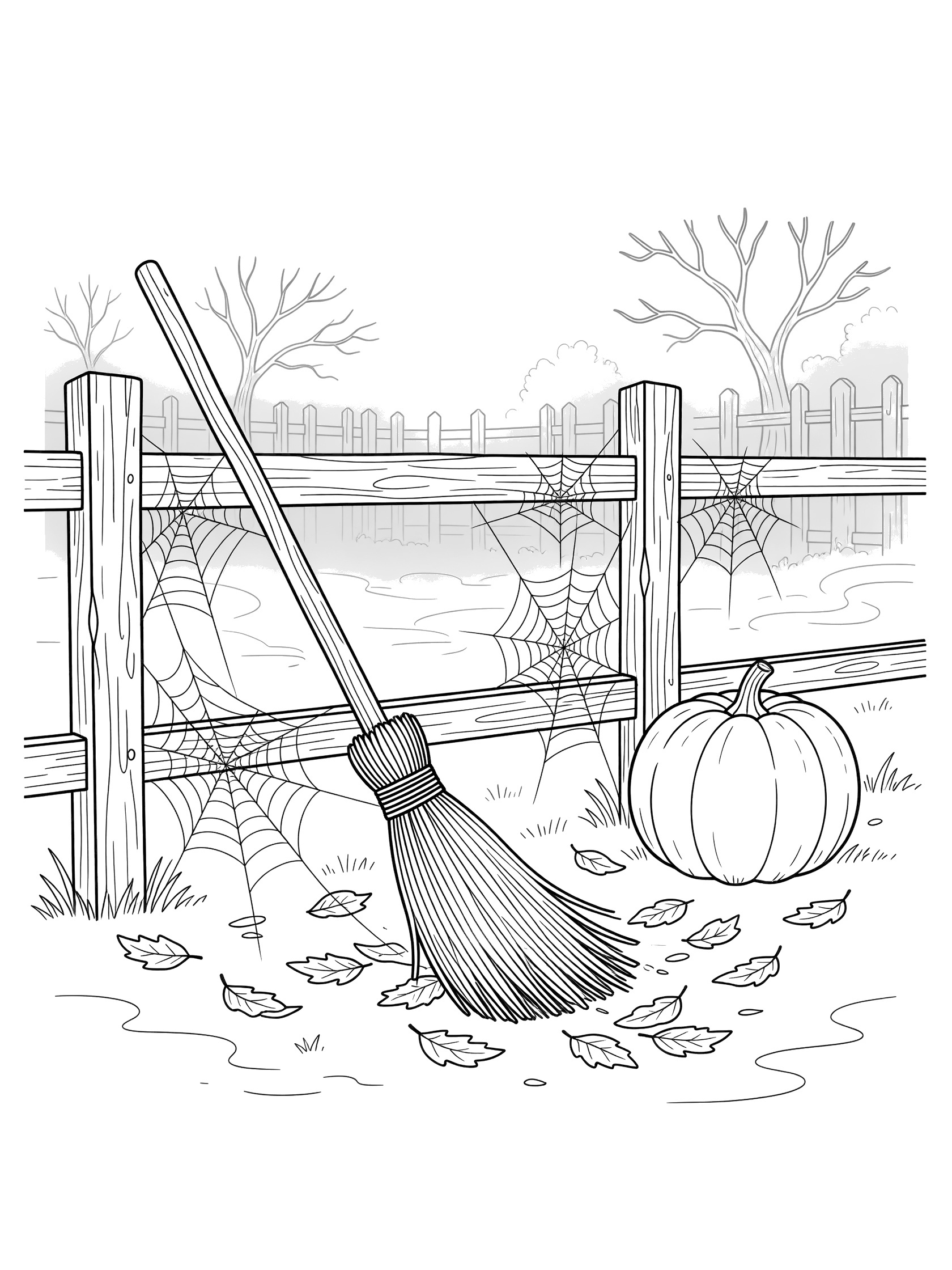 Black-and-white coloring page showing a broomstick sweeping dangling cobwebs off an old wooden fence, with scattered leaves, a pumpkin, and foggy Halloween yard background.