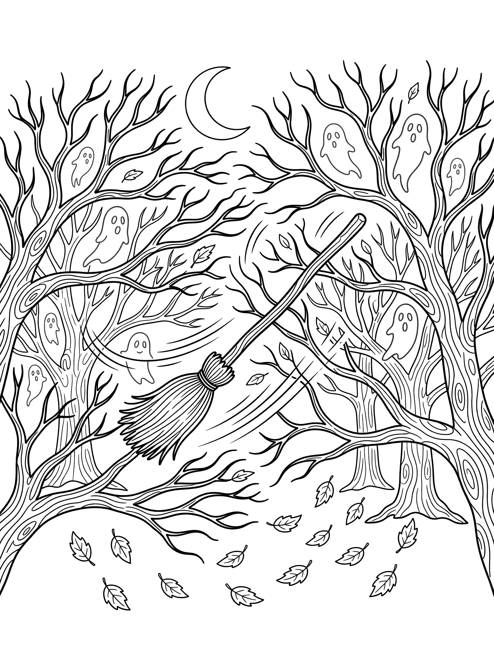 Black-and-white coloring page of a broomstick weaving through spooky tree branches with friendly ghosts, crescent moon, and autumn leaves for Halloween.