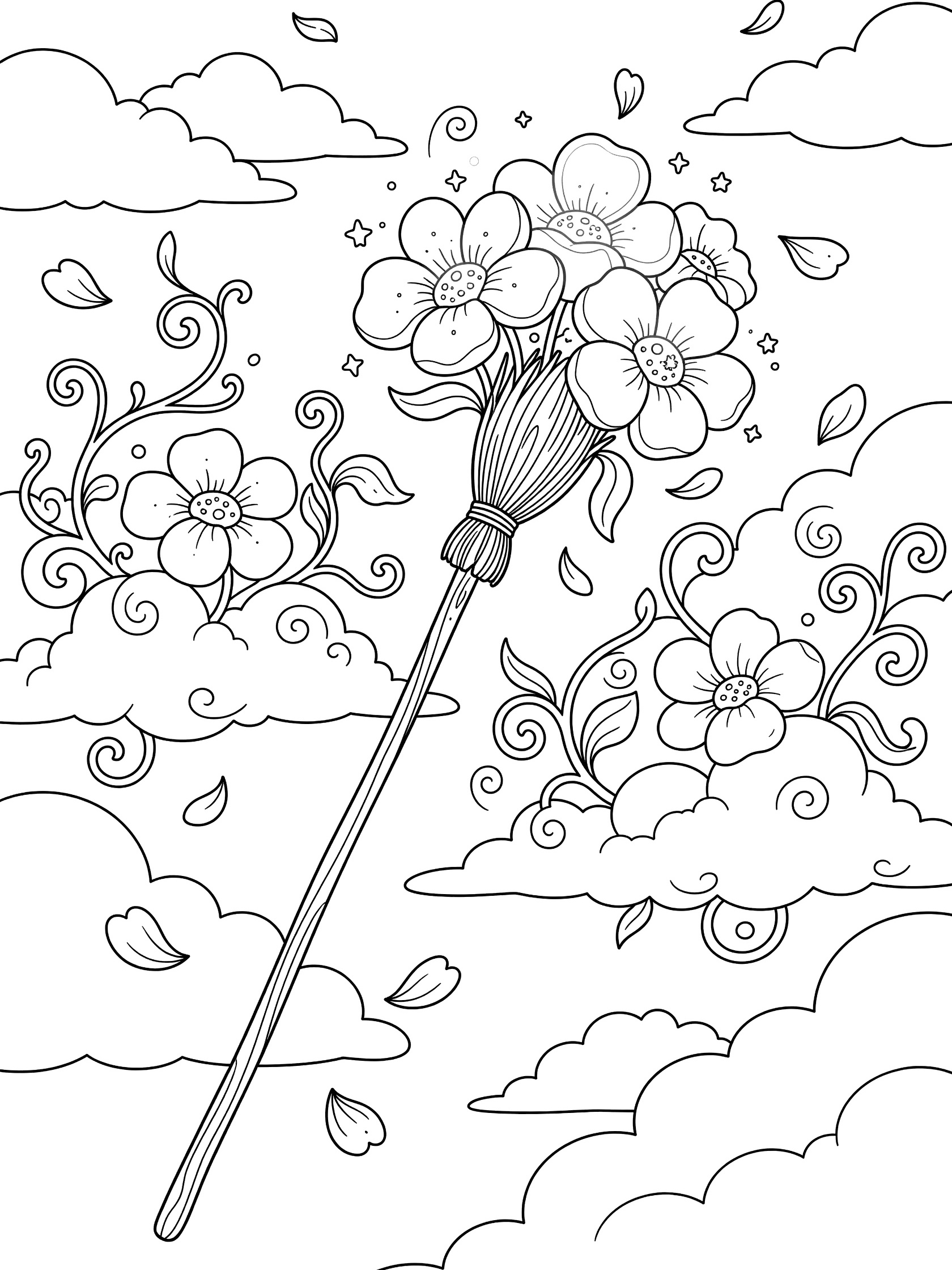 Black and white line art coloring page showing a long broomstick with a bundle of flowers at the top, vines and petals swirling around, and fluffy cloud shapes in the background.