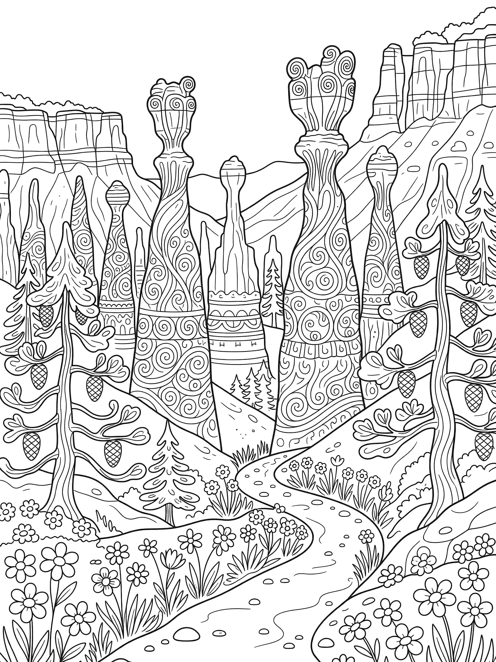 Whimsical line art coloring page showing Bryce Canyon amphitheater view with skinny hoodoos, red rock cliffs, pine trees, dirt path, and flowers.
