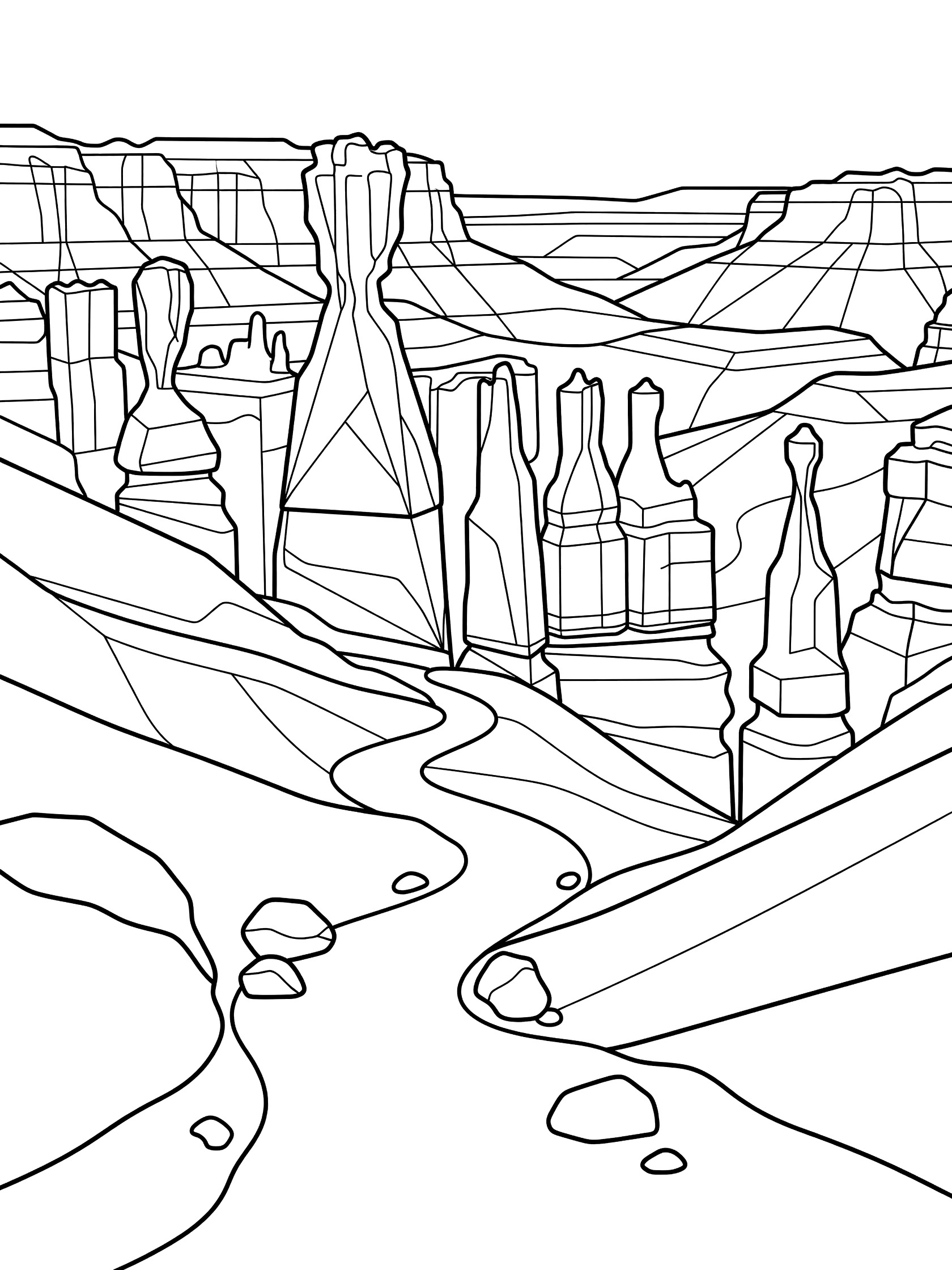 Black and white line art coloring page of Bryce Canyon showing tall hoodoo rock spires, balanced rocks, layered canyon ridges, winding overlook path and scattered boulders.