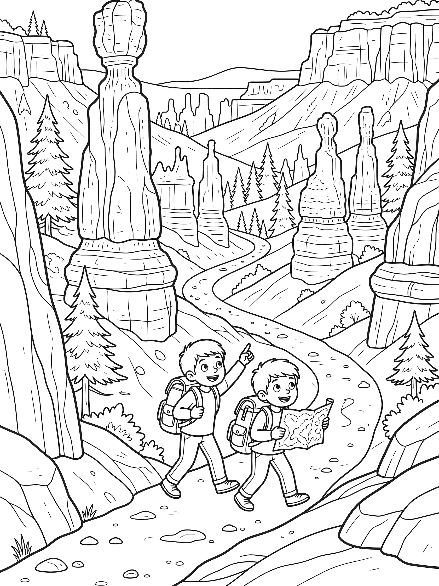 Whimsical line art coloring page showing two children hiking a winding trail through Bryce Canyon hoodoos and red rock cliffs, one pointing at a tall spire, the other holding a map.