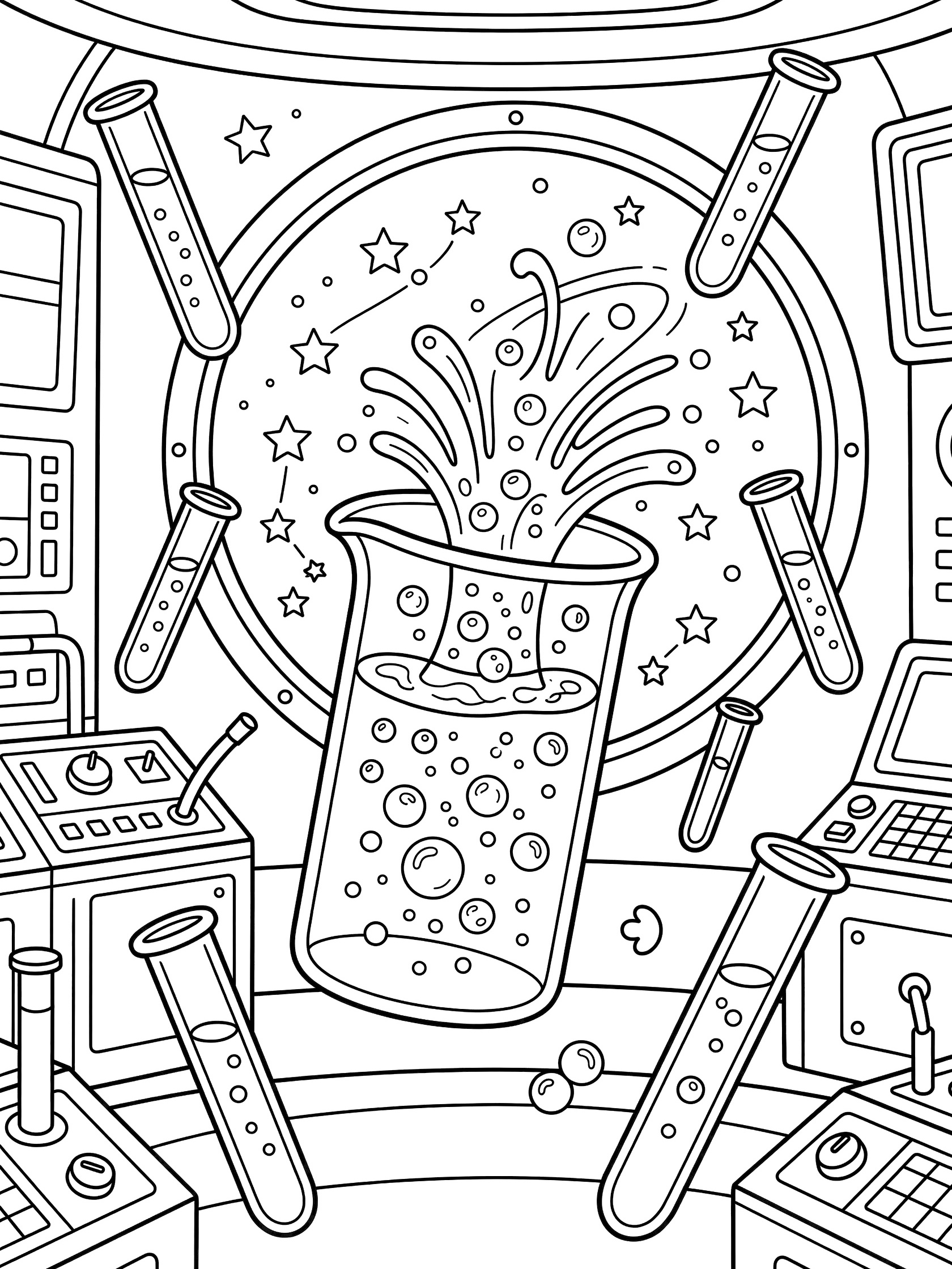 Black and white line art coloring page showing a large bubbling beaker in a space station laboratory surrounded by floating test tubes and sci-fi panels with galaxy view through round window
