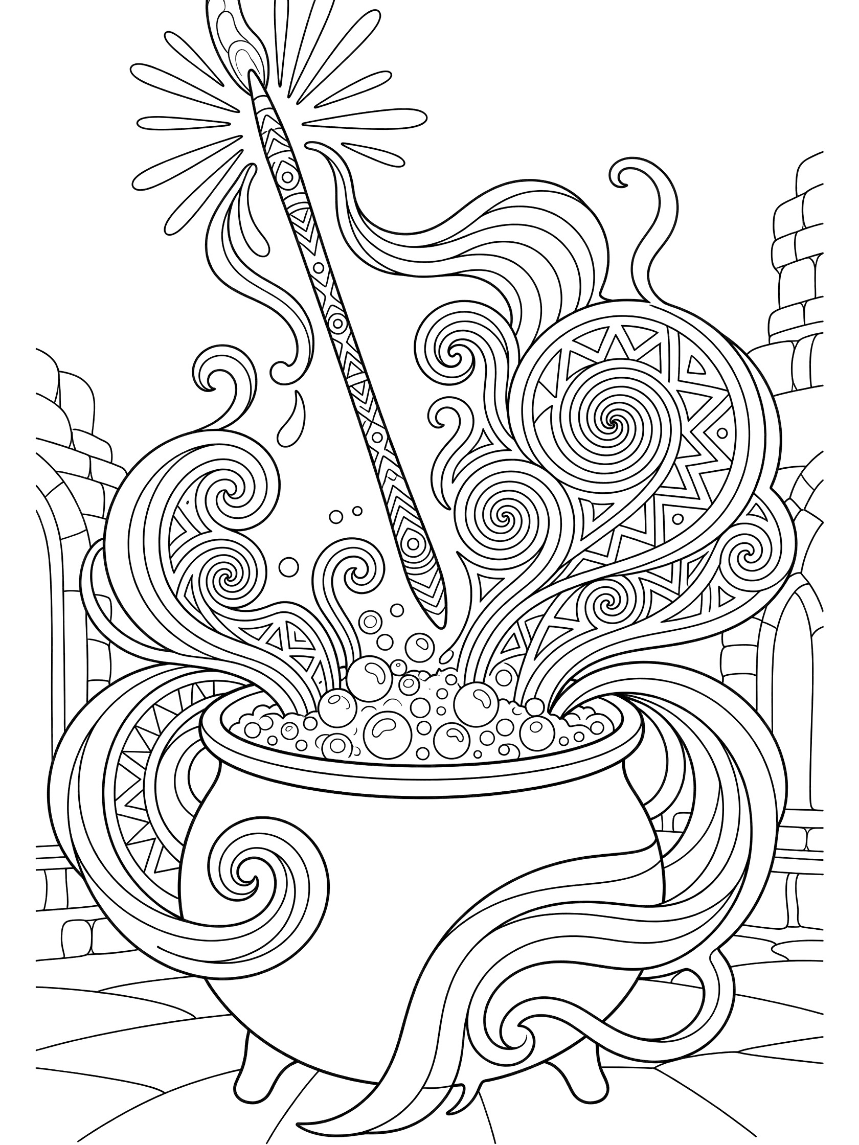 Black and white line art coloring page showing a round cauldron bubbling with swirls and bubbles, a starry magic wand hovering above, and stone arch walls in the background.