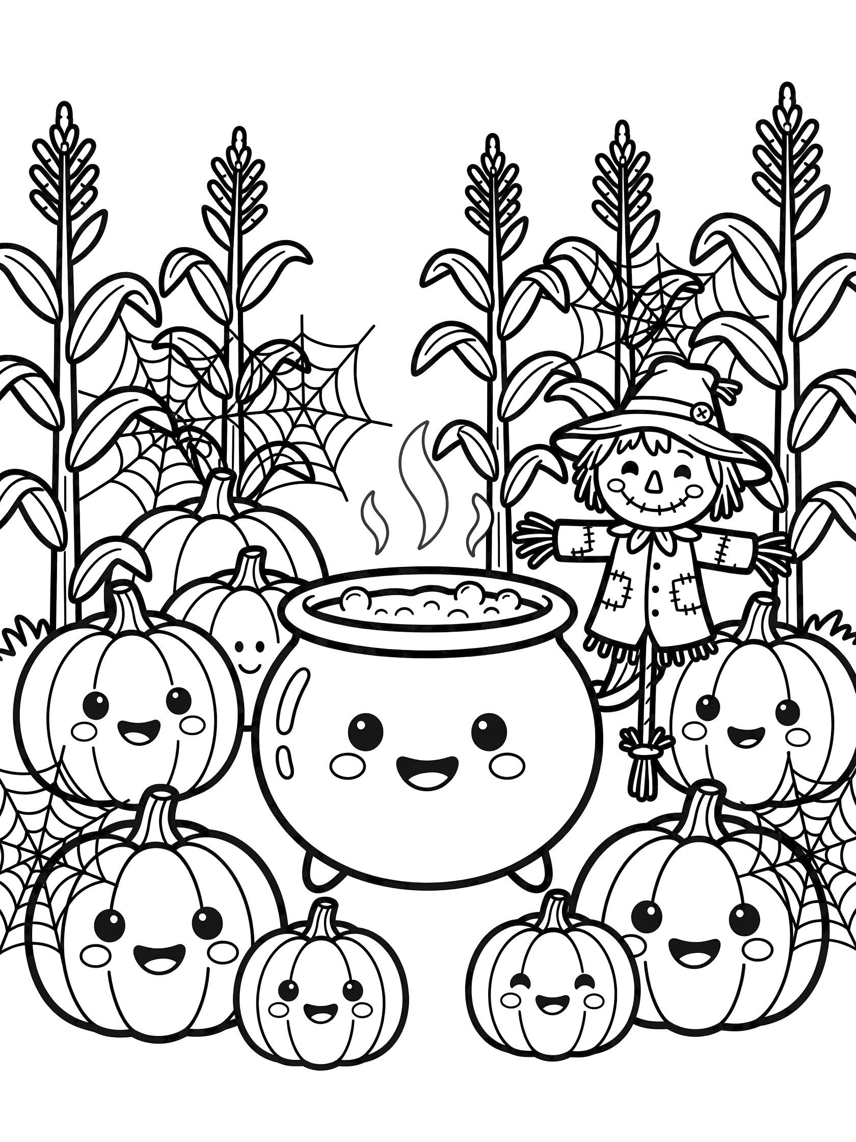 Kawaii style coloring page showing a round cauldron bubbling amid happy pumpkins, cornstalks, spider webs, and scarecrow in a patch.