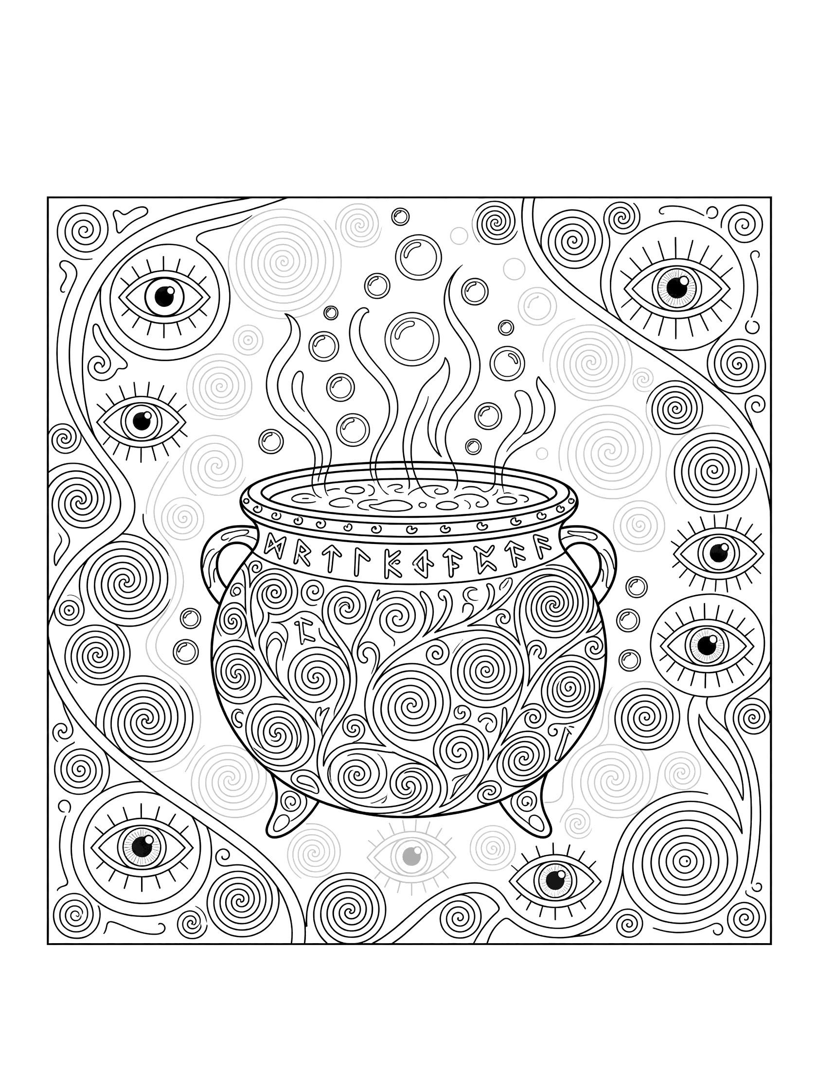 Black and white line art coloring page showing a cauldron bubbling with steam, covered in runes and patterns, surrounded by eyes and spiral motifs in a symmetrical design.