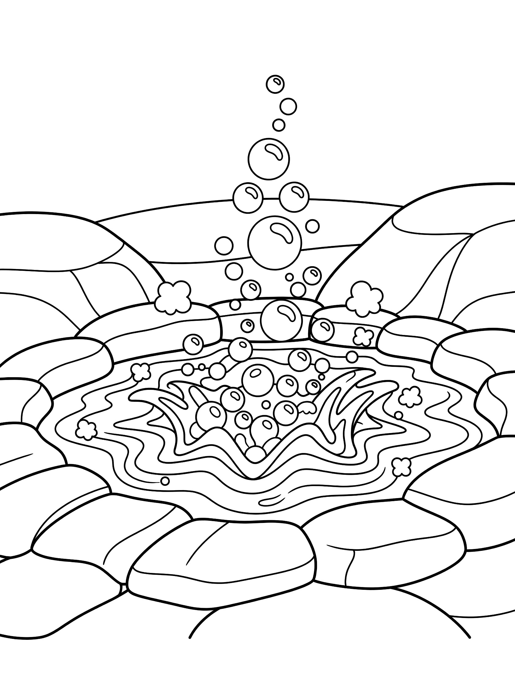 Black and white line art coloring page showing a central pool of bubbling water with many round bubbles rising up, wavy water lines, small steam puffs, and smooth curved stone formations around it.