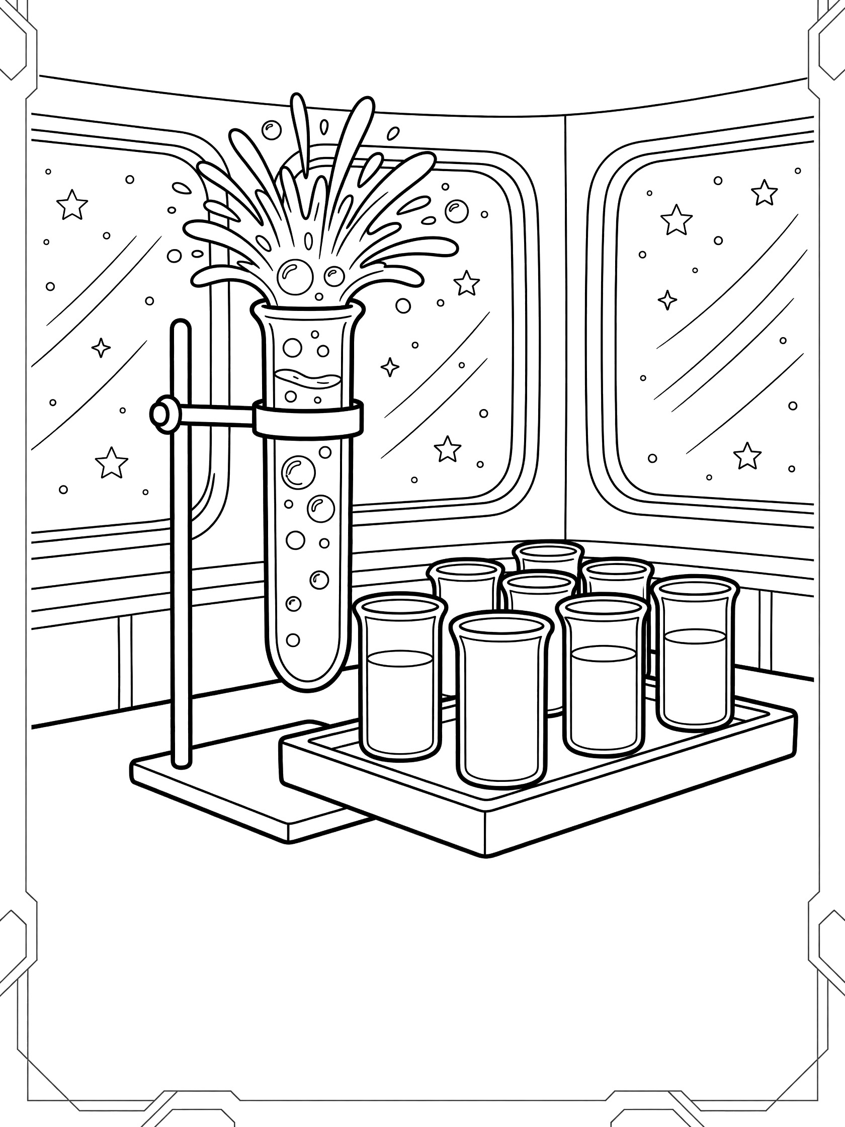 Black-and-white line art of a test tube bubbling with reaction on a stand in a futuristic space laboratory with starry windows and nearby beakers on a tray.