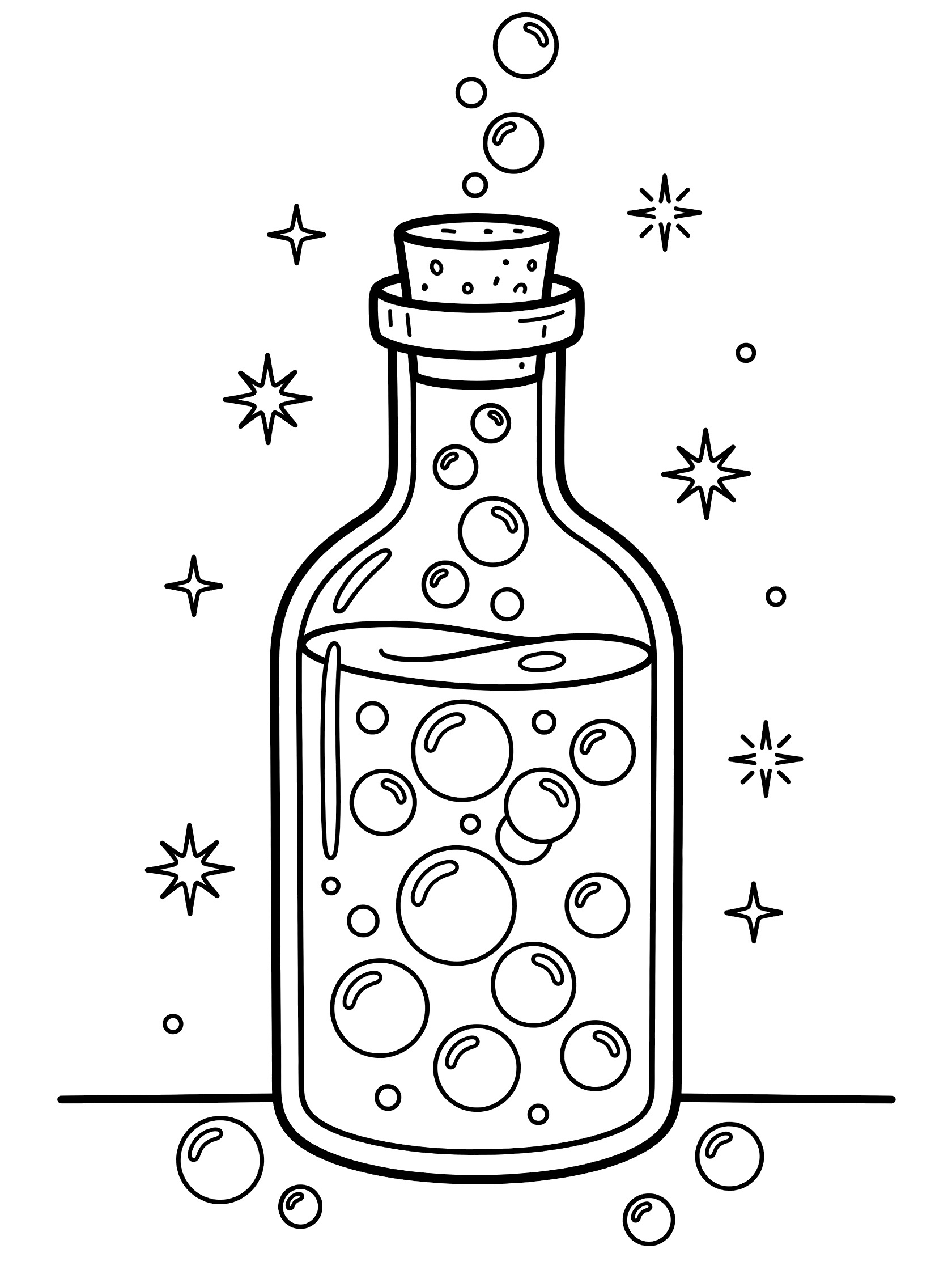 Black and white line art coloring page showing a tall potion bottle with cork stopper, bubbling liquid inside with rising bubbles, and floating sparkles around it.