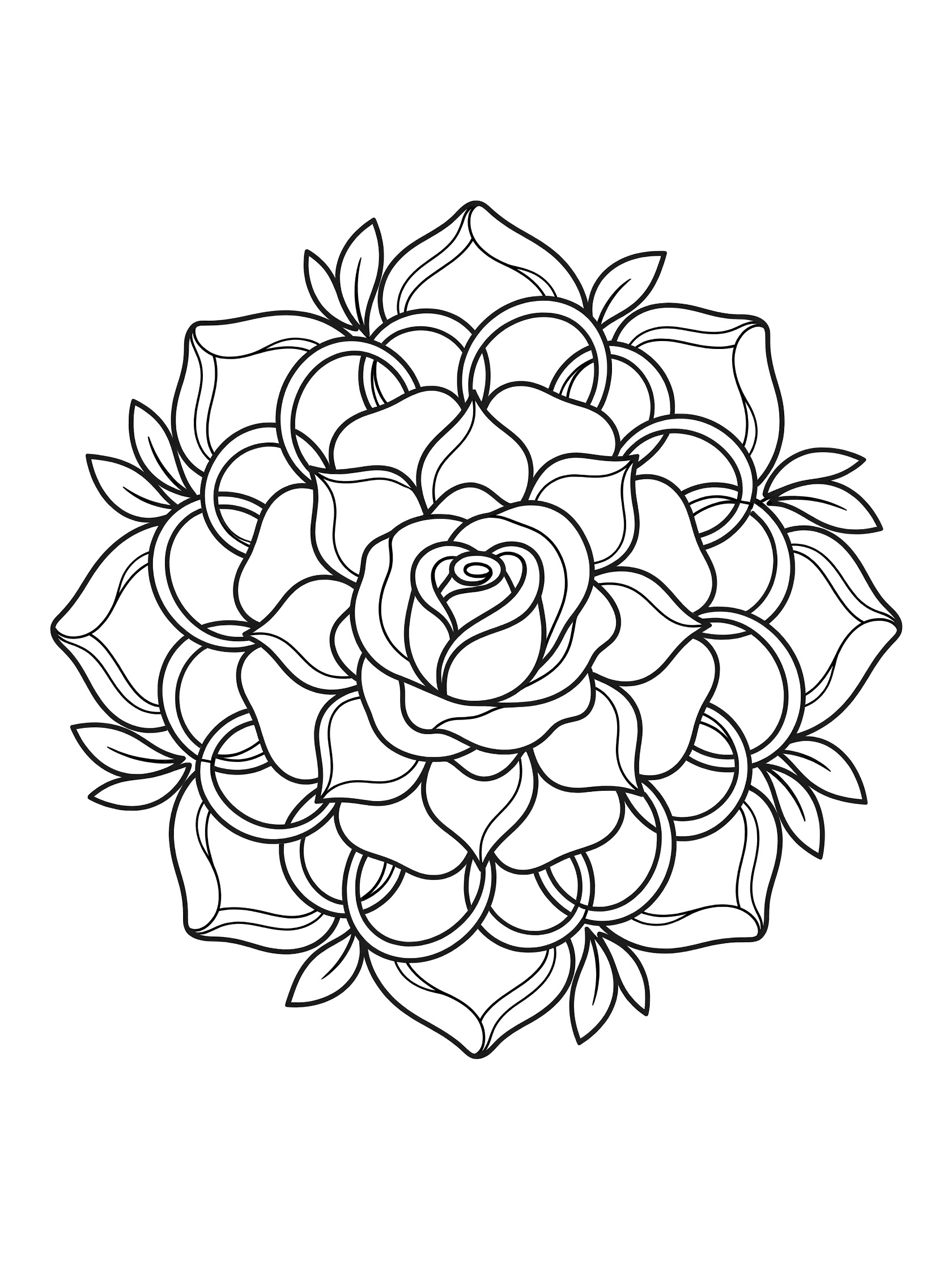 Symmetrical black-and-white line art of a budding Rose Mandala with closed rose bud center, unfurling petals, vines, and leaves for kids coloring.