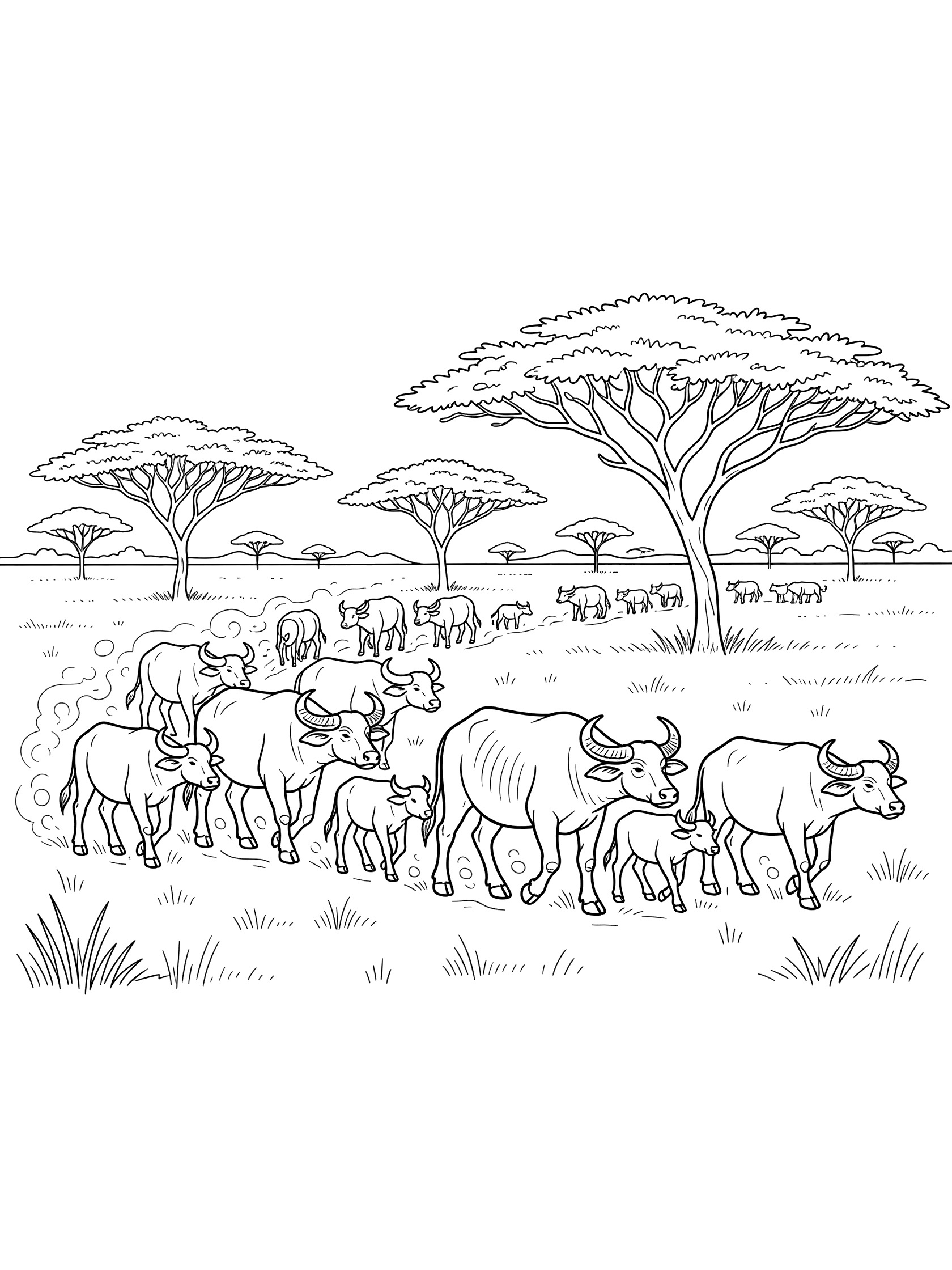 Black and white line art coloring page of a small herd of buffaloes with calves walking on open grassy plains under acacia trees with dust around hooves. Water Buffalo themed black and white printable line art