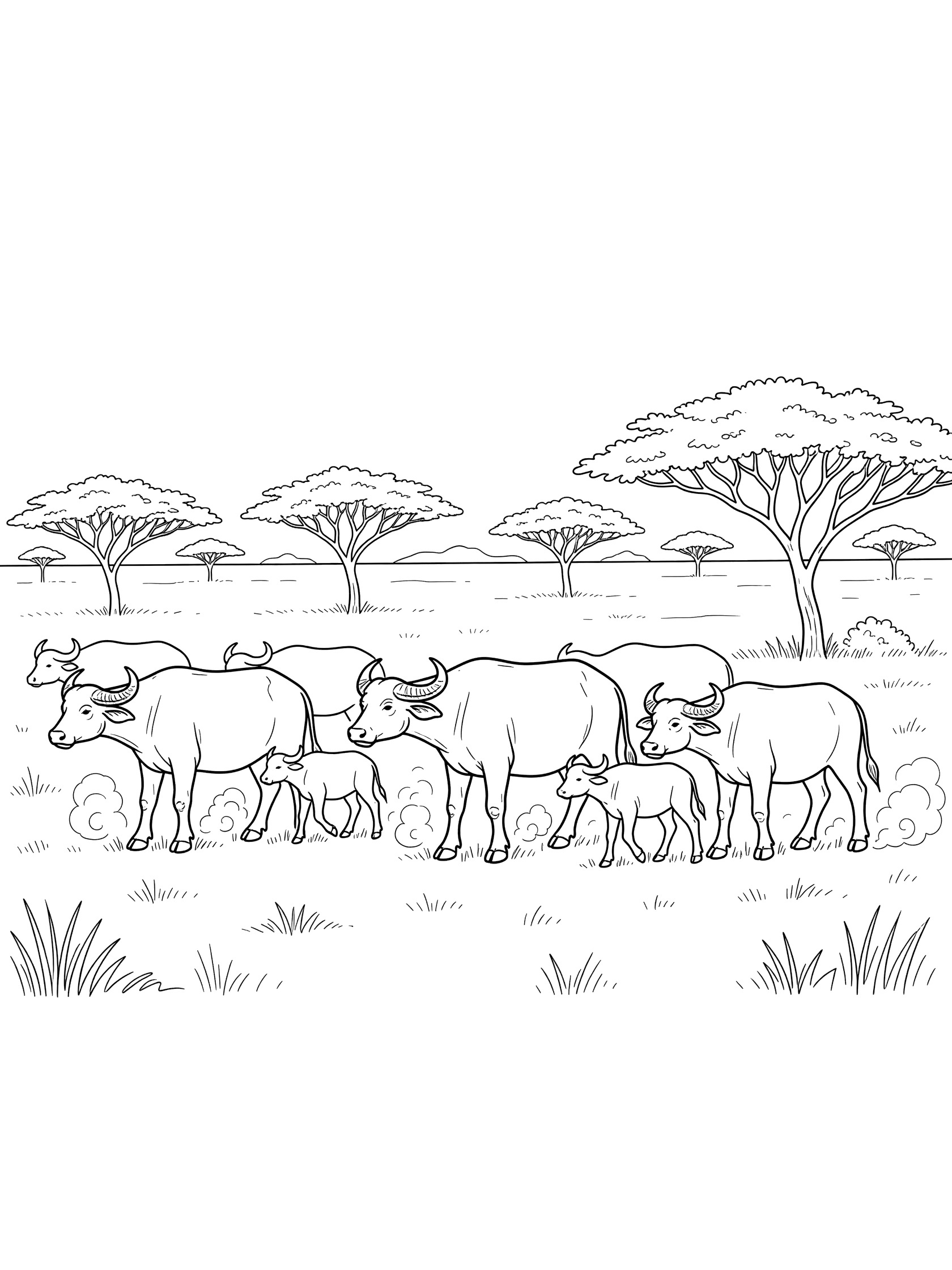 Black and white line art of a small herd of buffaloes with horns and calves walking on grassy savanna under acacia trees with dust around hooves. Water Buffalo themed black and white printable line art